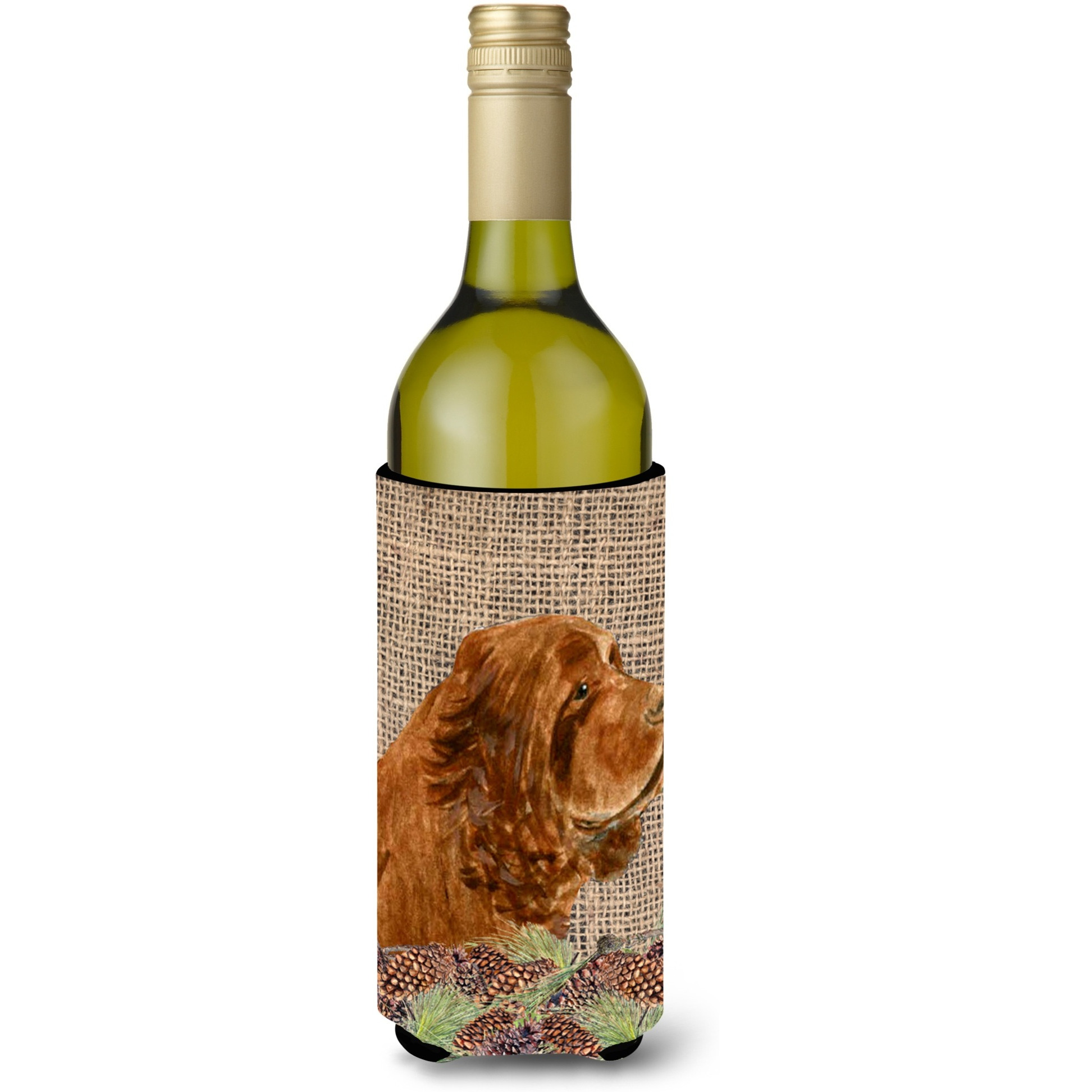 Sussex Spaniel on Faux Burlap with Pine Cones Wine Bottle Beverage Insulator Beverage Insulator Hugger