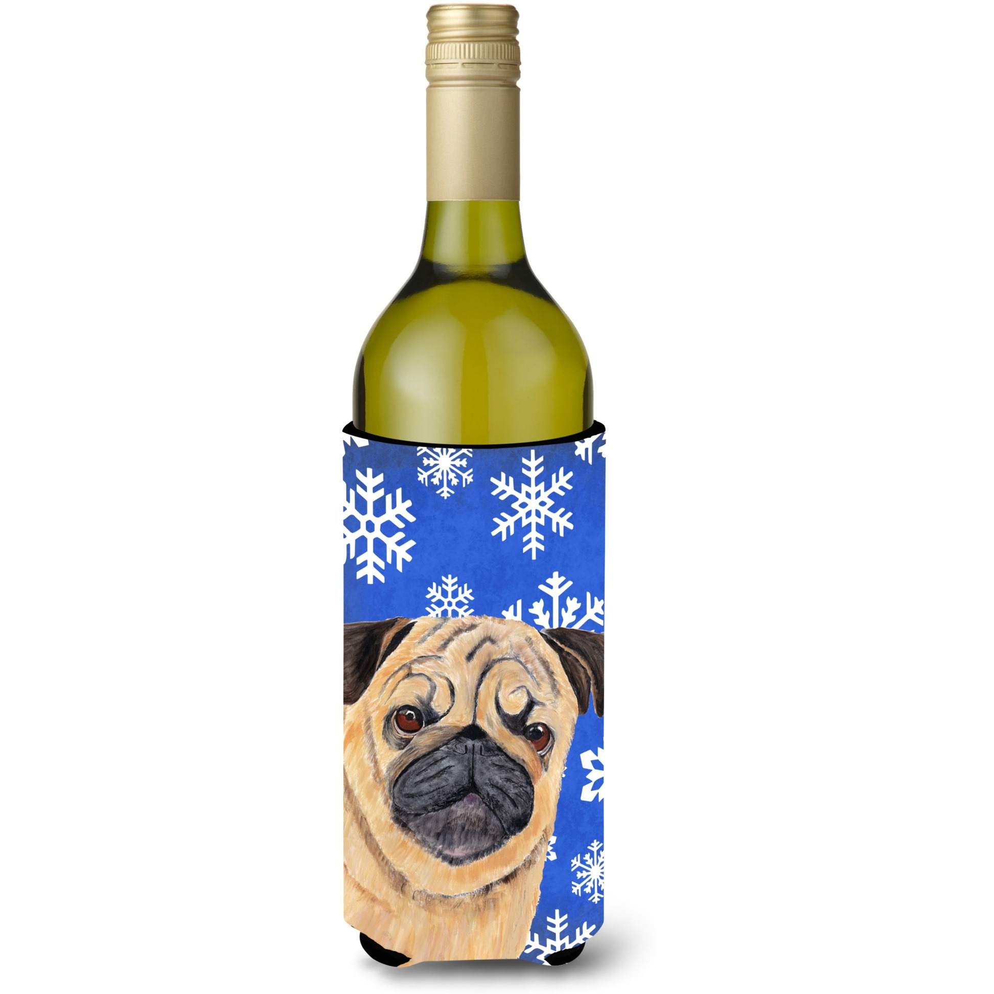Pug Winter Snowflakes Holiday Wine Bottle Beverage Insulator Beverage Insulator Hugger SC9371LITERK