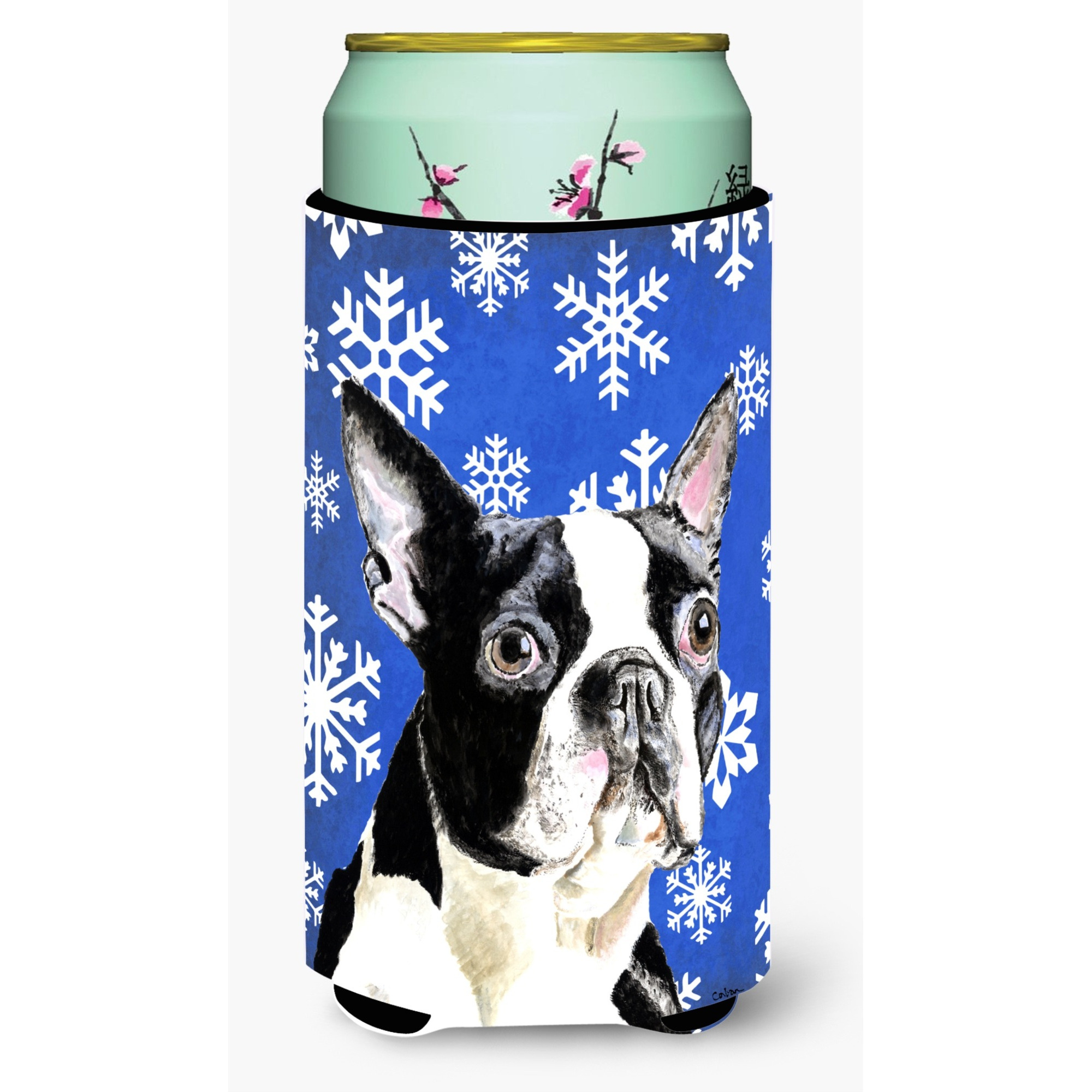 Boston Terrier Winter Snowflakes Holiday  Tall Boy Beverage Insulator Beverage Insulator Hugger