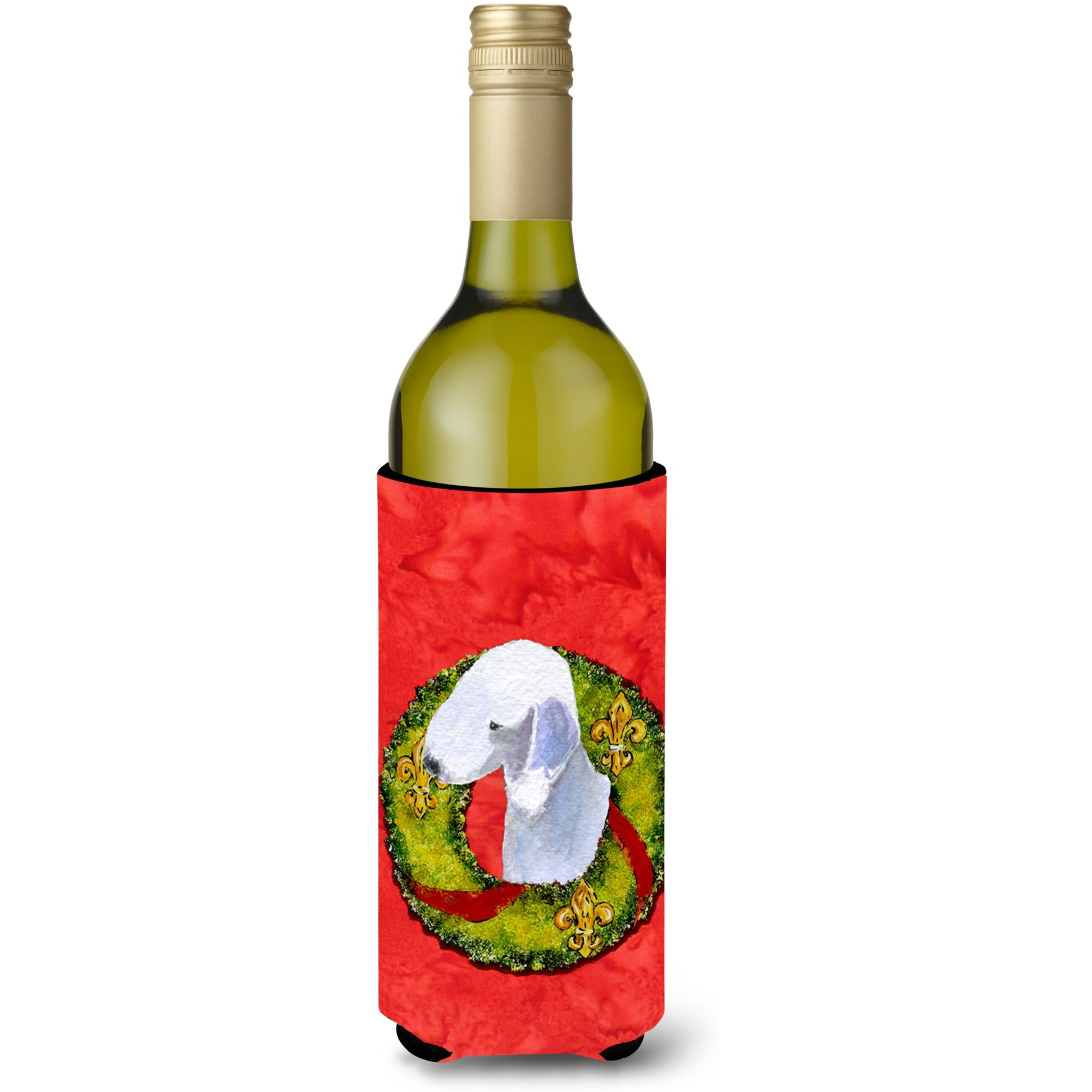 Bedlington Terrier Cristmas Wreath Wine Bottle Beverage Insulator Beverage Insulator Hugger