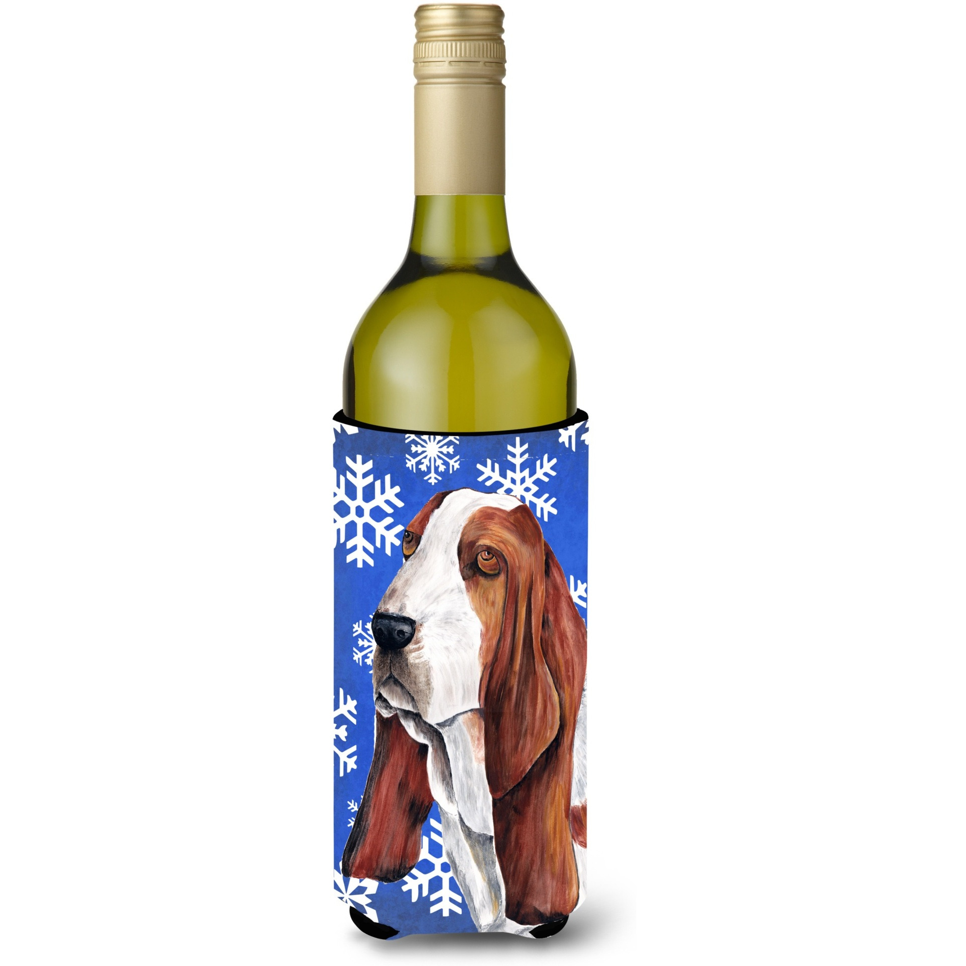 Basset Hound Winter Snowflakes Holiday Wine Bottle Beverage Insulator Beverage Insulator Hugger SC9372LITERK