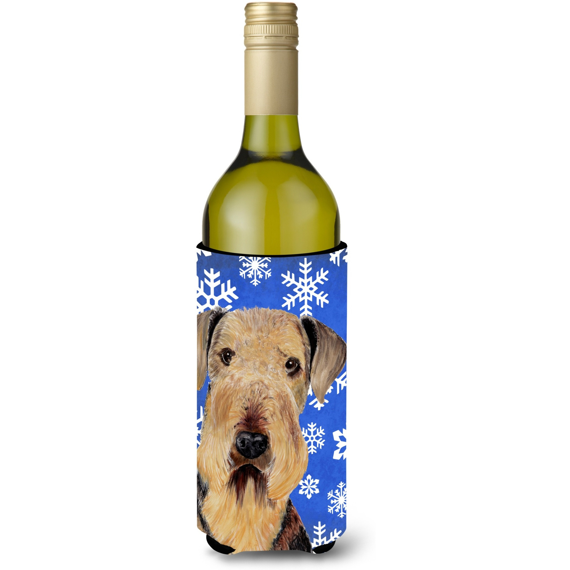 Airedale Winter Snowflakes Holiday Wine Bottle Beverage Insulator Beverage Insulator Hugger SC9373LITERK