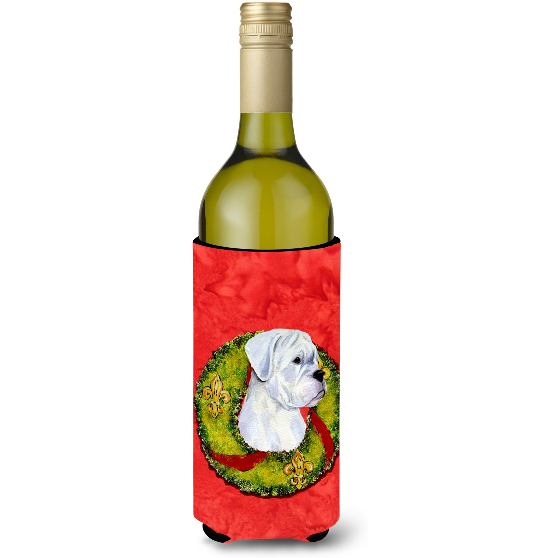 White Boxer Cristmas Wreath Wine Bottle Beverage Insulator Beverage Insulator Hugger