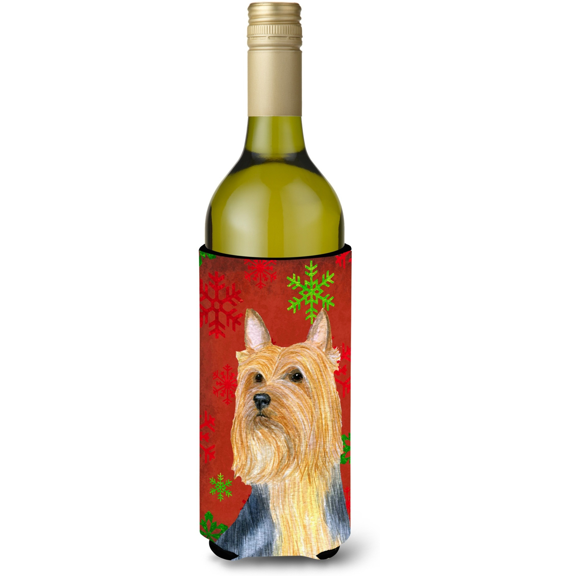 Silky Terrier Red Green Snowflake Holiday Christmas Wine Bottle Beverage Insulator Beverage Insulator Hugger