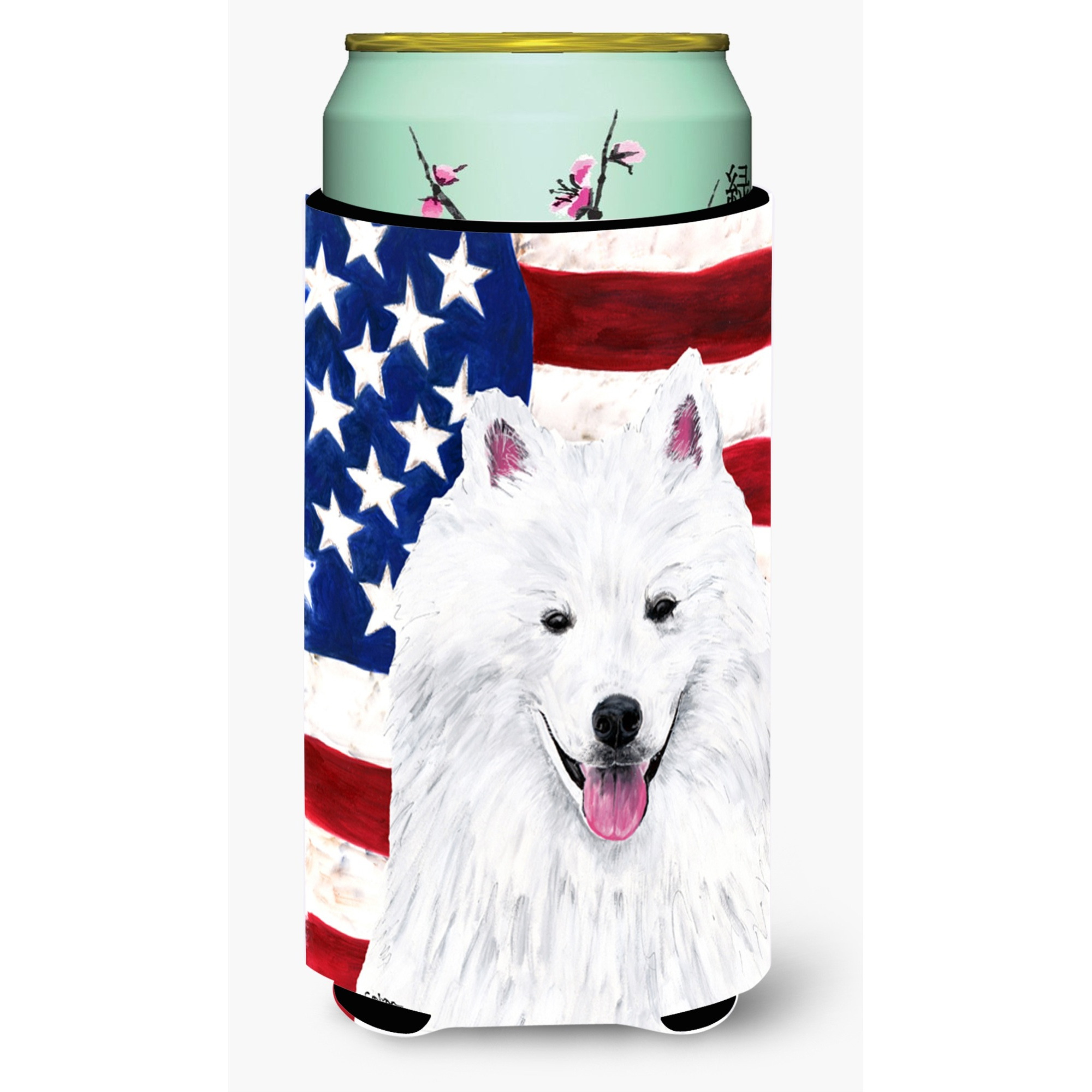 USA American Flag with American Eskimo  Tall Boy Beverage Insulator Beverage Insulator Hugger