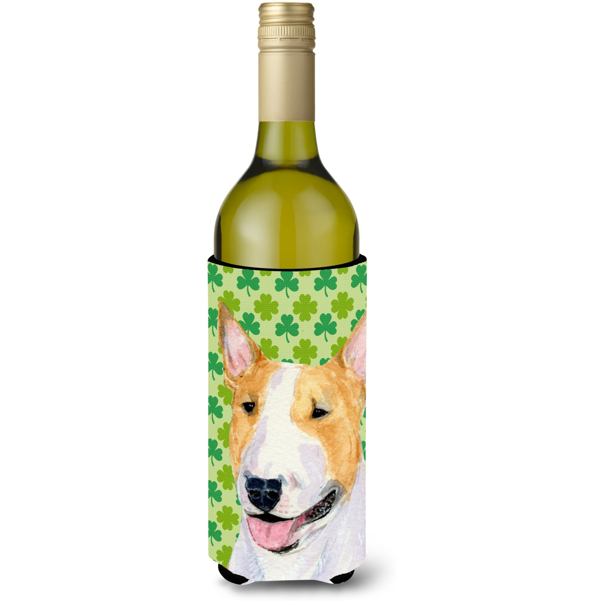 Bull Terrier St. Patrick's Day Shamrock Portrait Wine Bottle Beverage Insulator Beverage Insulator Hugger