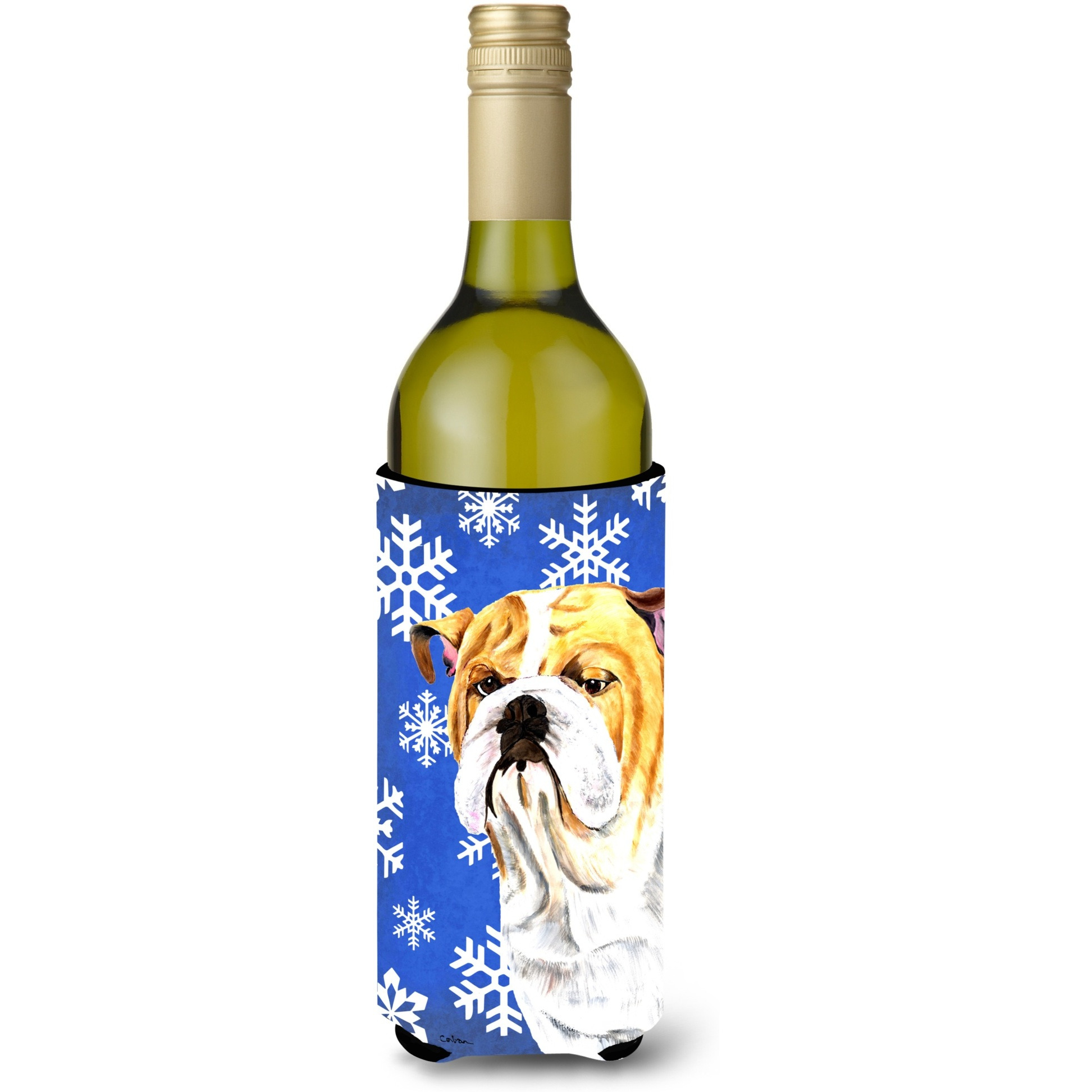 Bulldog English Winter Snowflakes Holiday Wine Bottle Beverage Insulator Beverage Insulator Hugger
