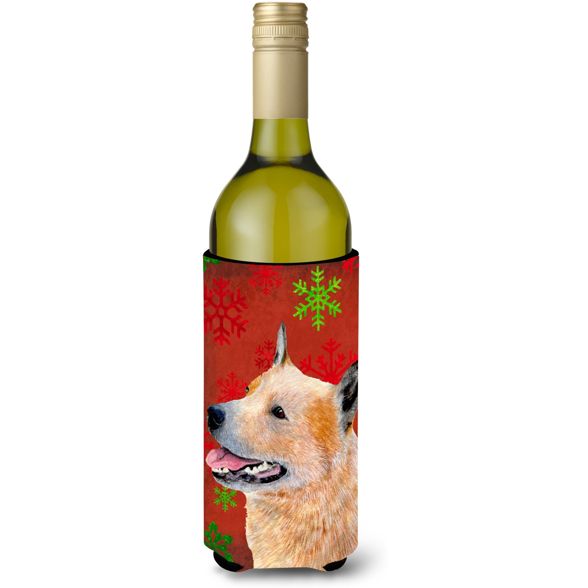 Australian Cattle Dog Red Green Snowflakes Christmas Wine Bottle Beverage Insulator Beverage Insulator Hugger