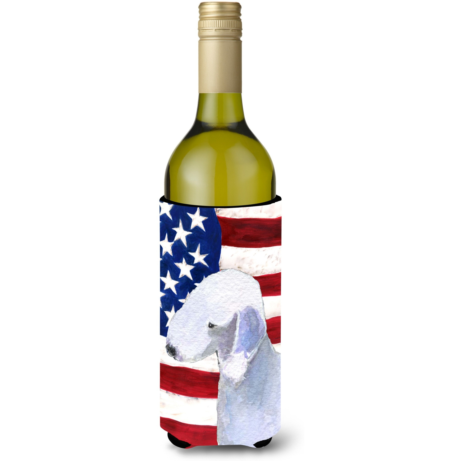USA American Flag with Bedlington Terrier Wine Bottle Beverage Insulator Beverage Insulator Hugger