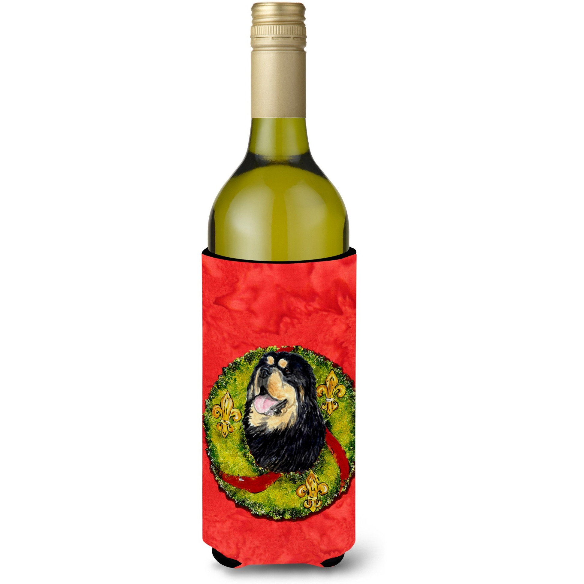 Tibetan Mastiff Cristmas Wreath Wine Bottle Beverage Insulator Beverage Insulator Hugger