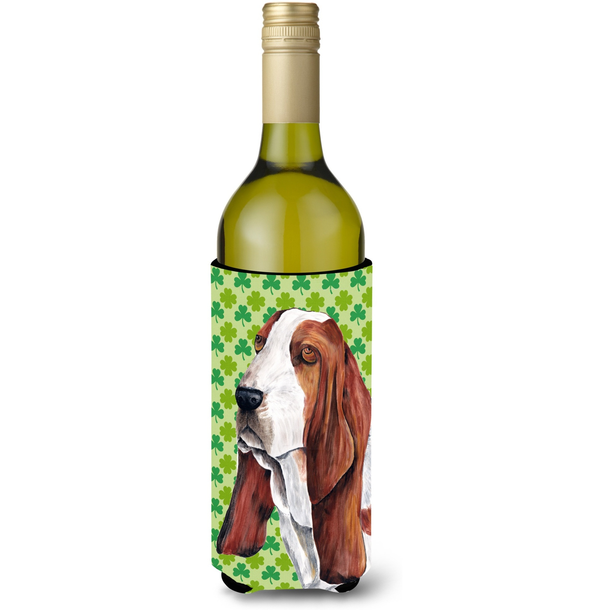 Basset Hound St. Patrick's Day Shamrock Portrait Wine Bottle Beverage Insulator Beverage Insulator Hugger