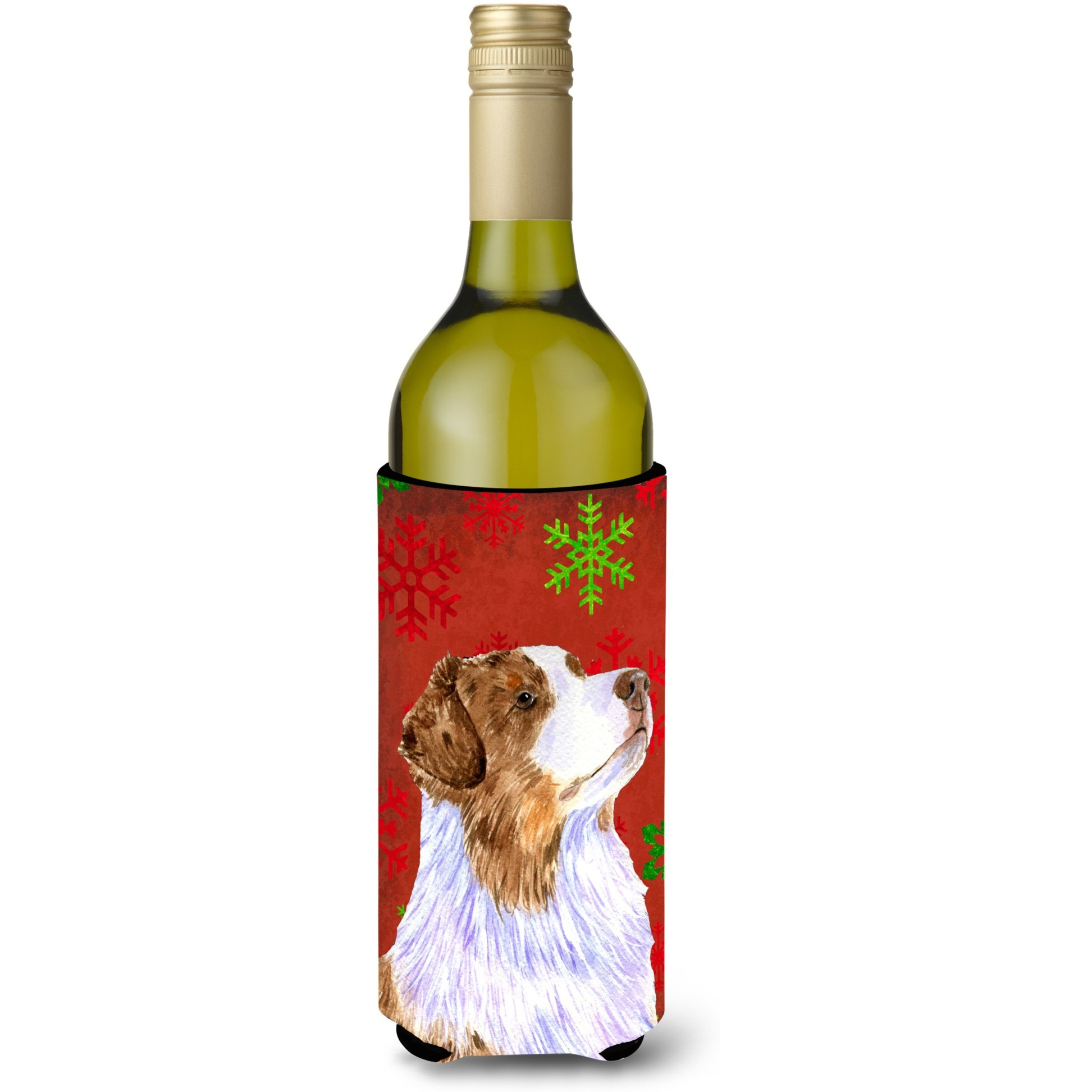 Australian Shepherd Red Green Snowflakes Christmas Wine Bottle Beverage Insulator Beverage Insulator Hugger