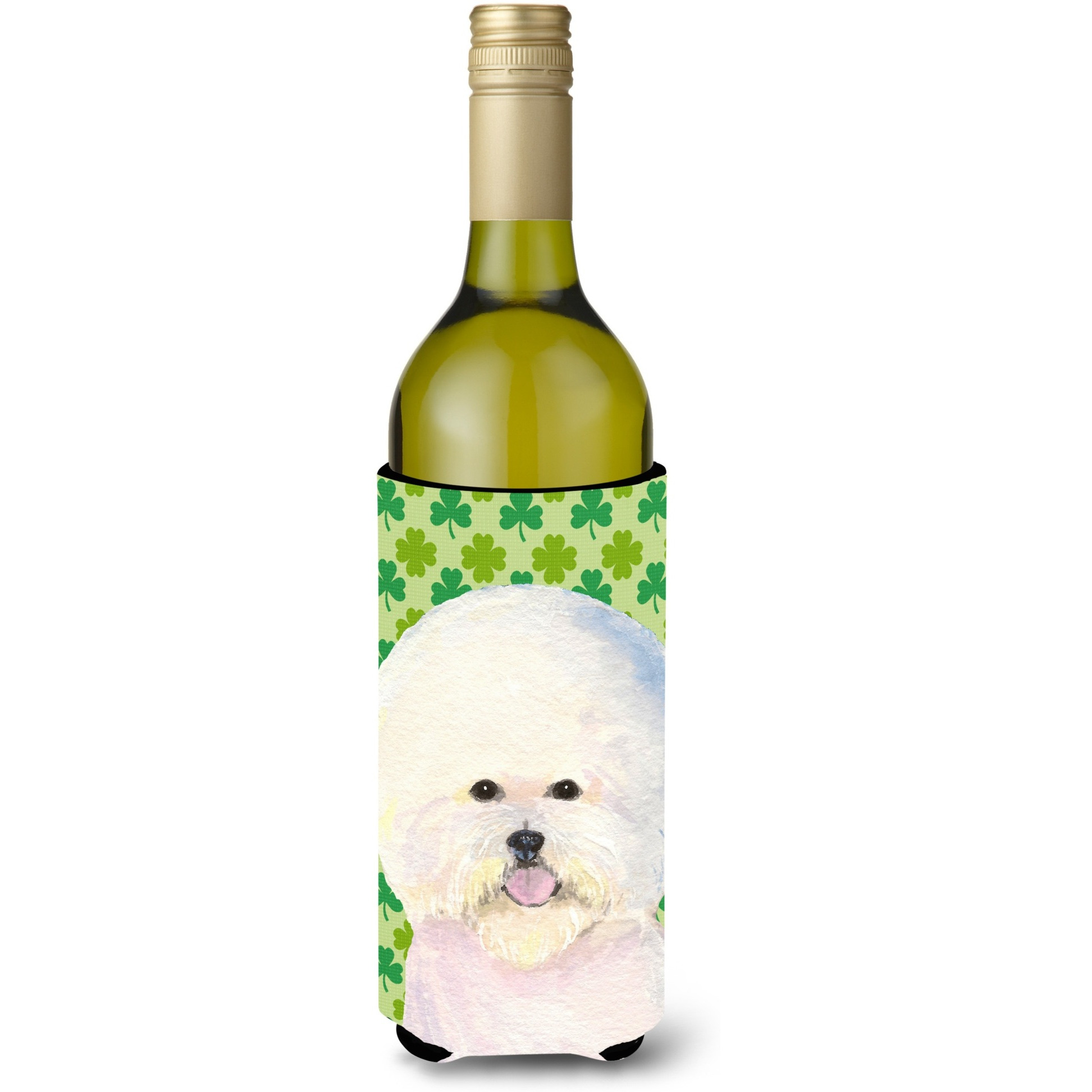 Bichon Frise St. Patrick's Day Shamrock Portrait Wine Bottle Beverage Insulator Beverage Insulator Hugger
