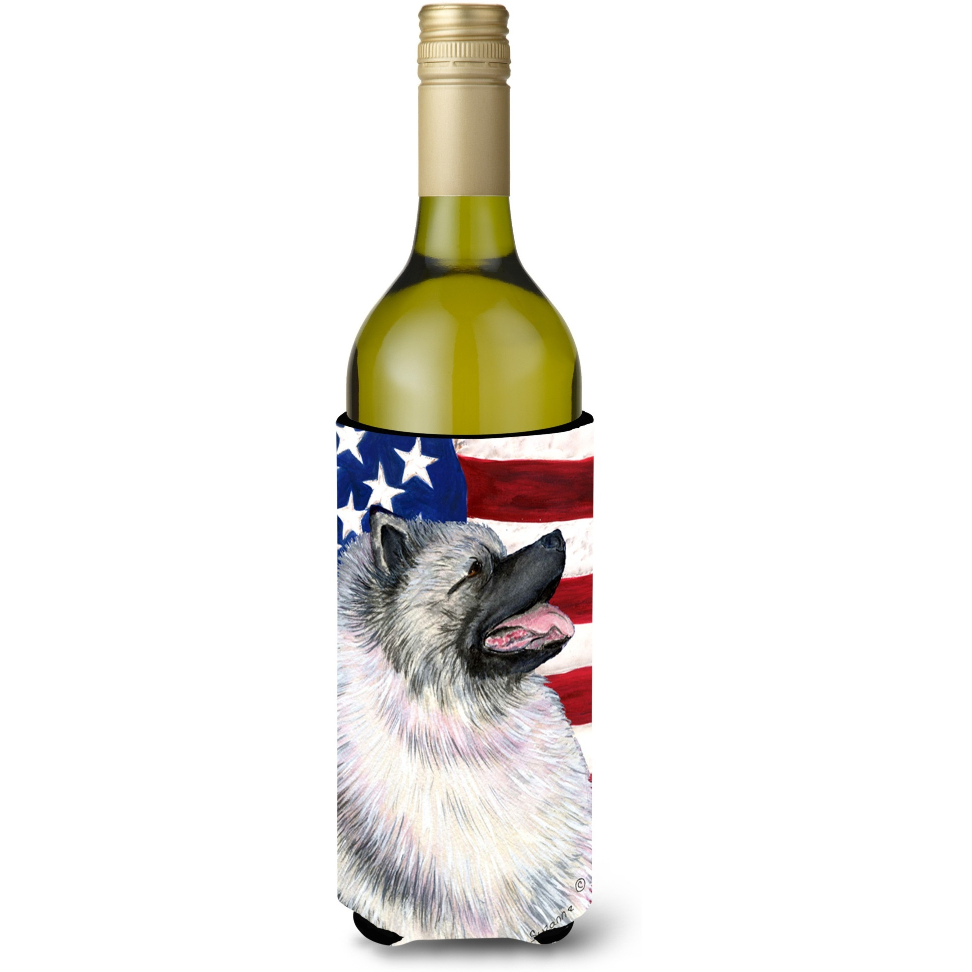 USA American Flag with Keeshond Wine Bottle Beverage Insulator Beverage Insulator Hugger