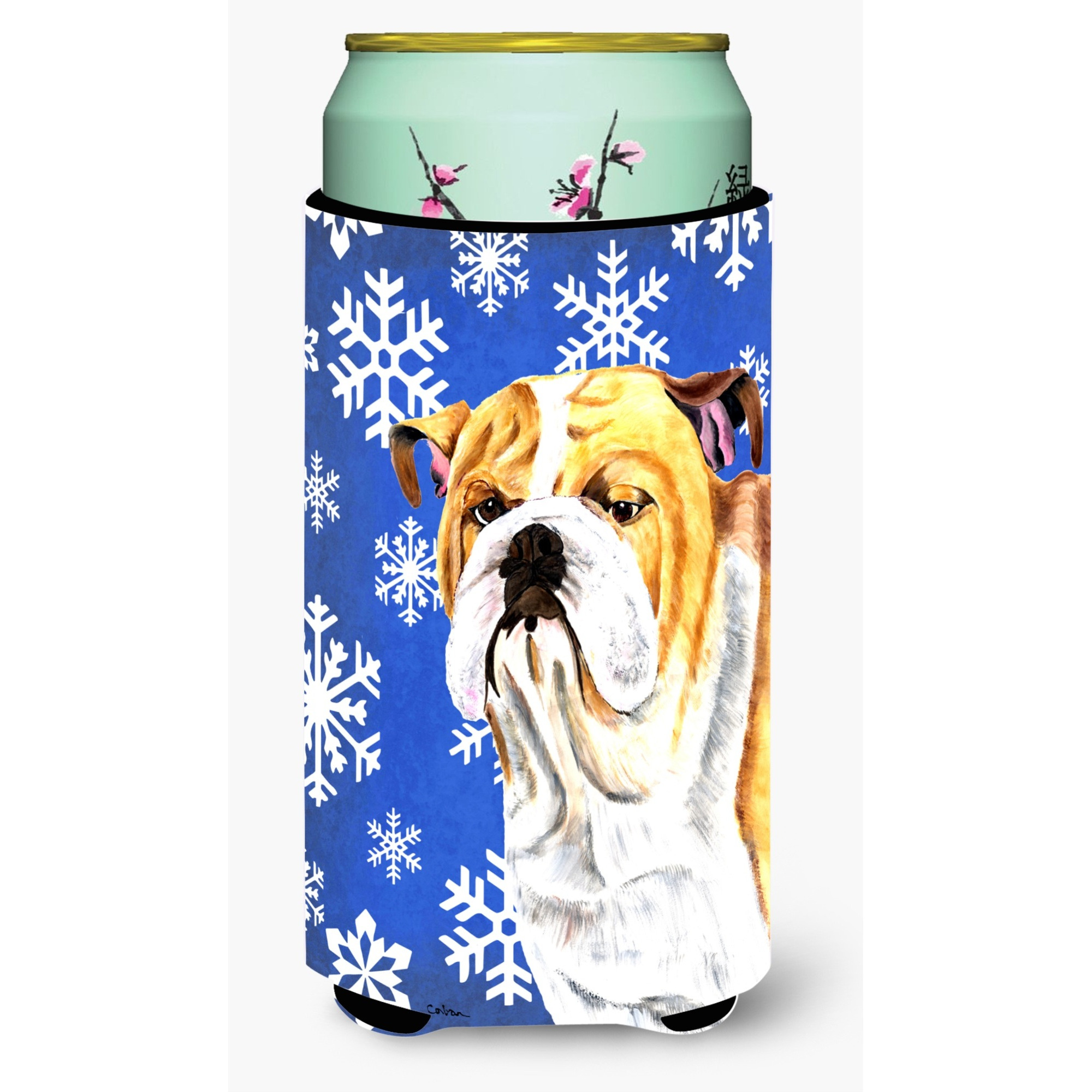 Bulldog English Winter Snowflakes Holiday  Tall Boy Beverage Insulator Beverage Insulator Hugger