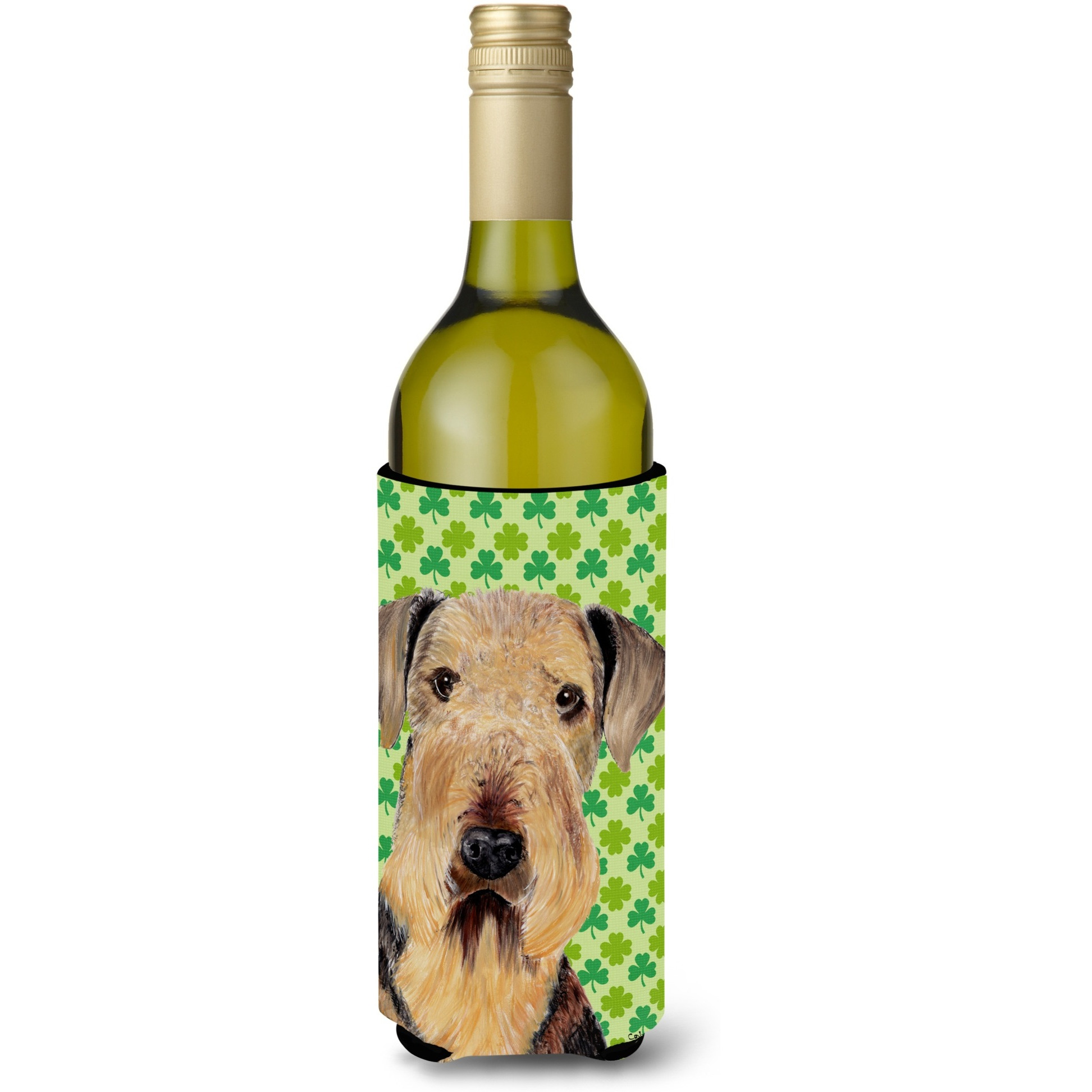 Airedale St. Patrick's Day Shamrock Portrait Wine Bottle Beverage Insulator Beverage Insulator Hugger