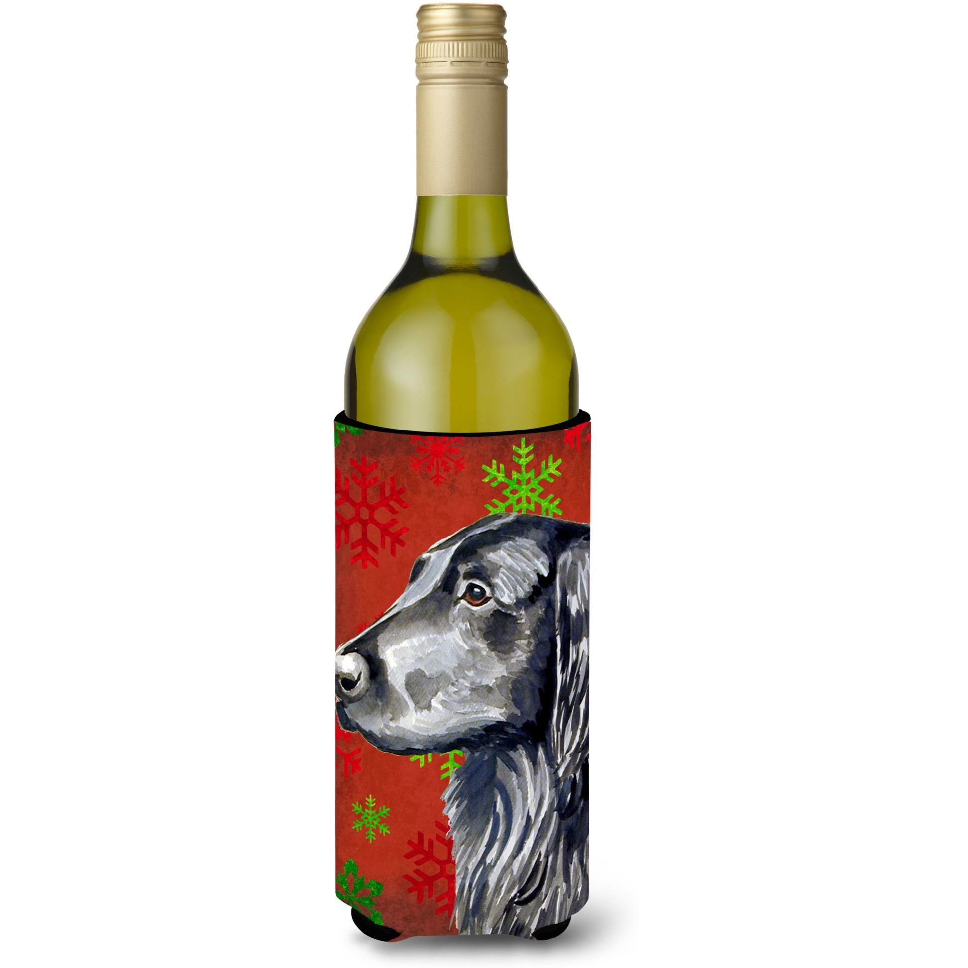 Flat Coated Retriever  Snowflakes Holiday Christmas Wine Bottle Beverage Insulator Beverage Insulator Hugger