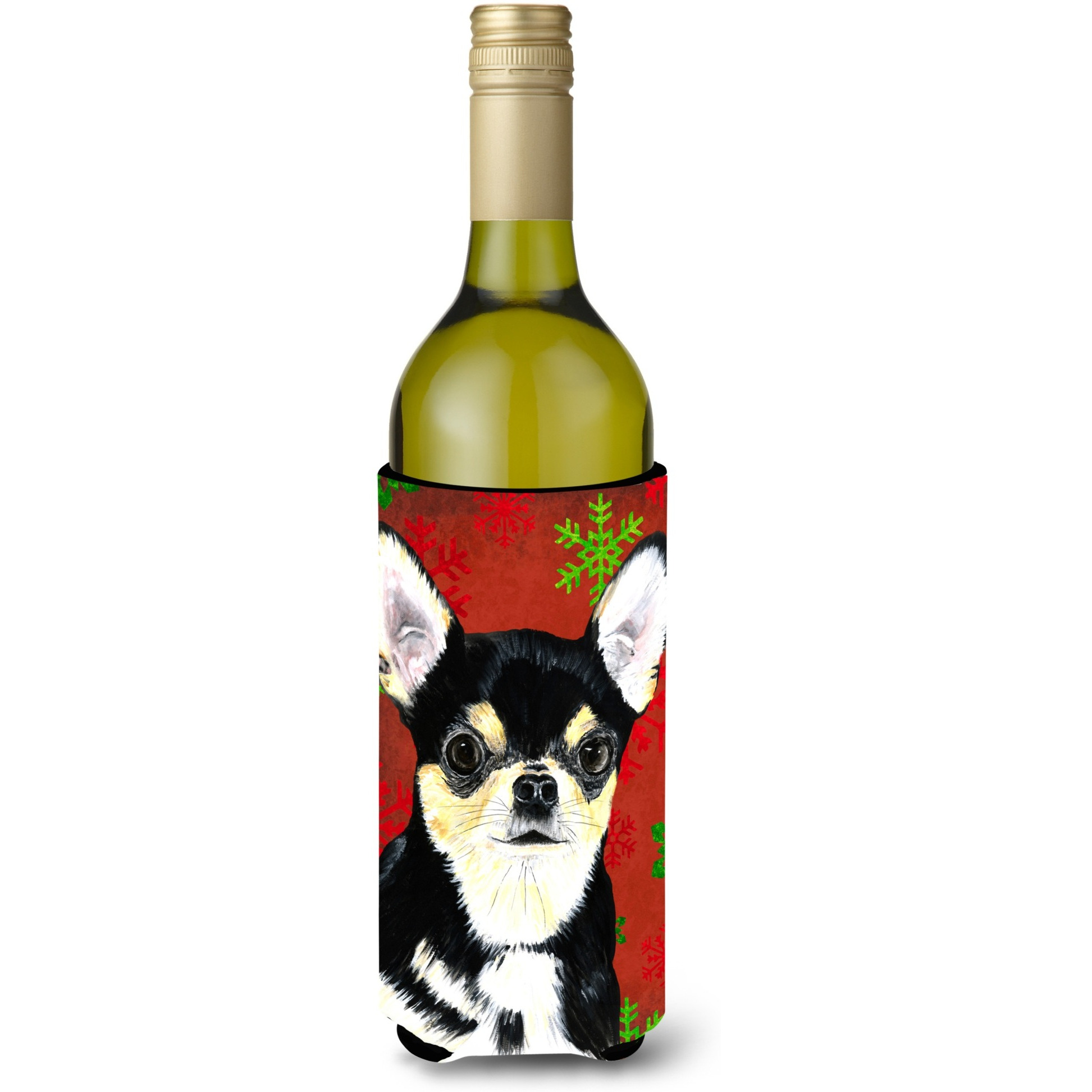 Chihuahua Red and Green Snowflakes Holiday Christmas Wine Bottle Beverage Insulator Beverage Insulator Hugger