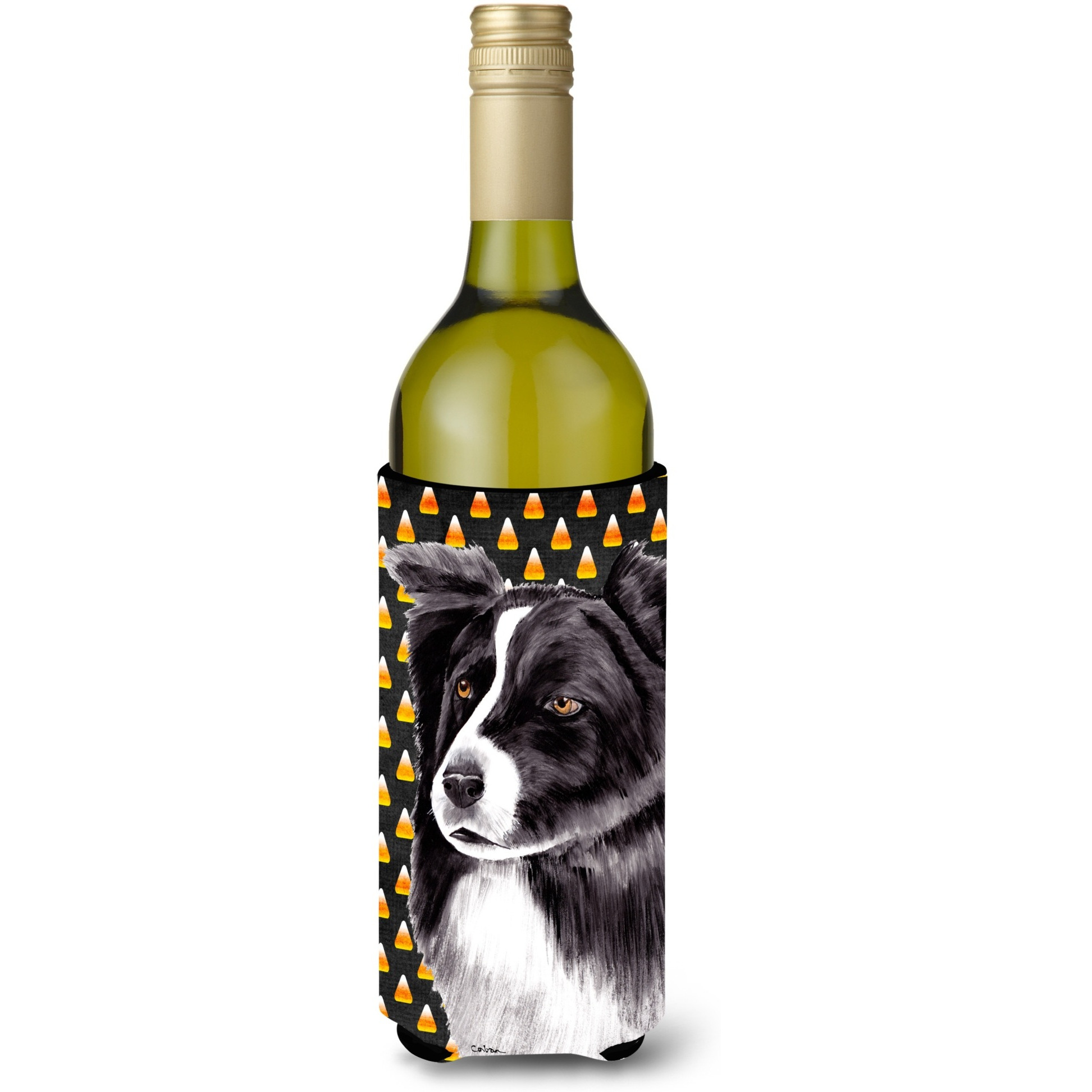 Border Collie Candy Corn Halloween Portrait Wine Bottle Beverage Insulator Beverage Insulator Hugger