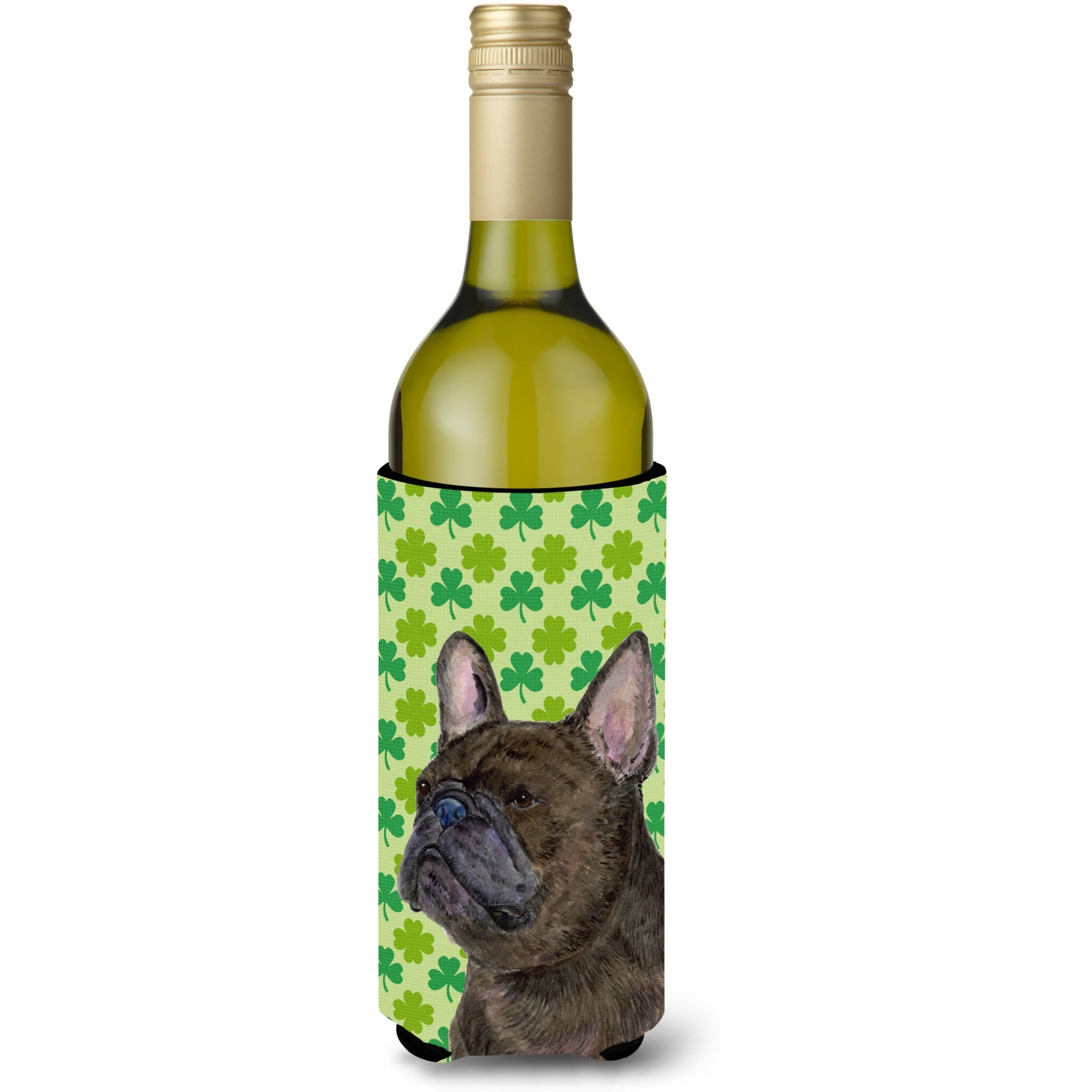 French Bulldog St. Patrick's Day Shamrock Portrait Wine Bottle Beverage Insulator Beverage Insulator Hugger