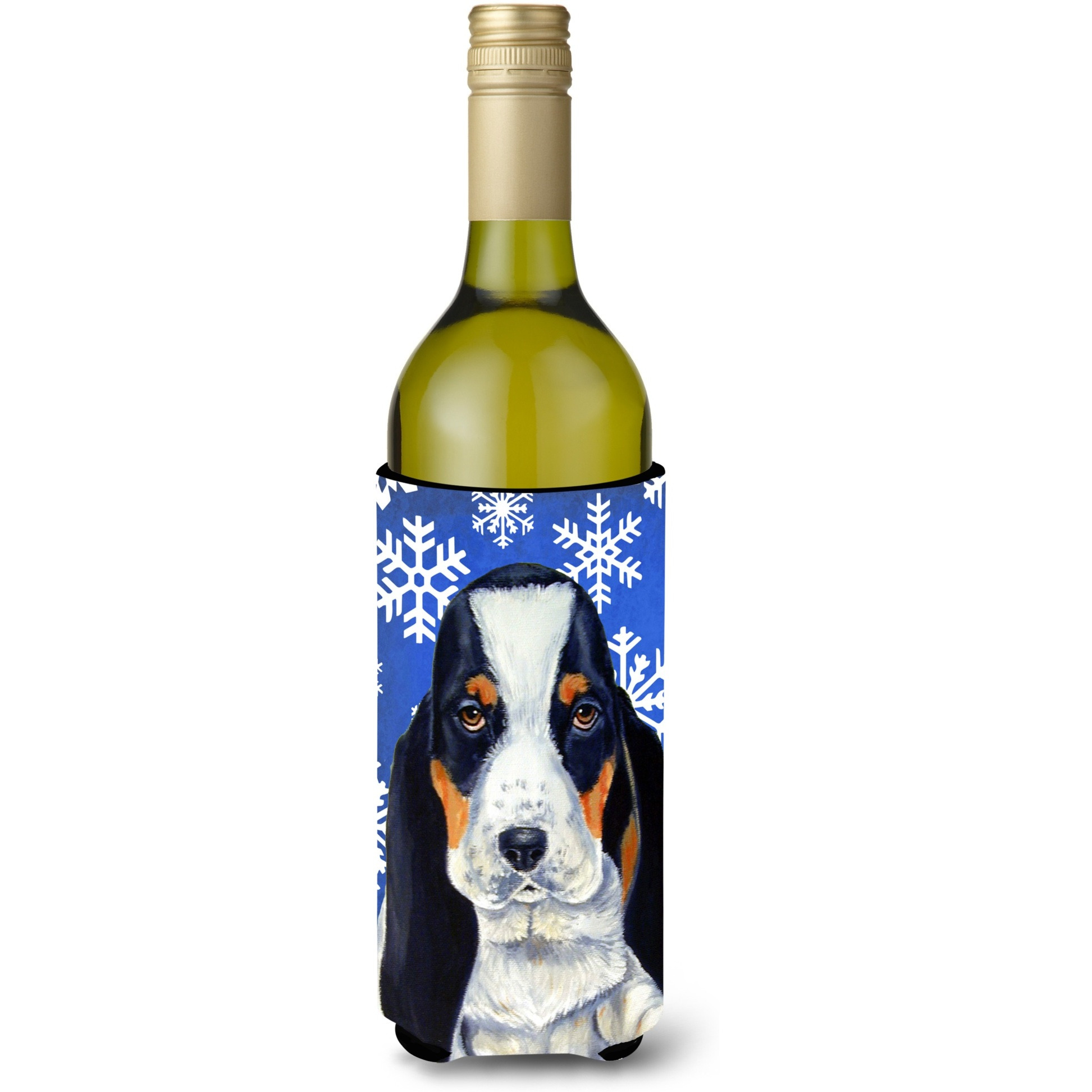 Basset Hound Winter Snowflakes Holiday Wine Bottle Beverage Insulator Beverage Insulator Hugger LH9284LITERK