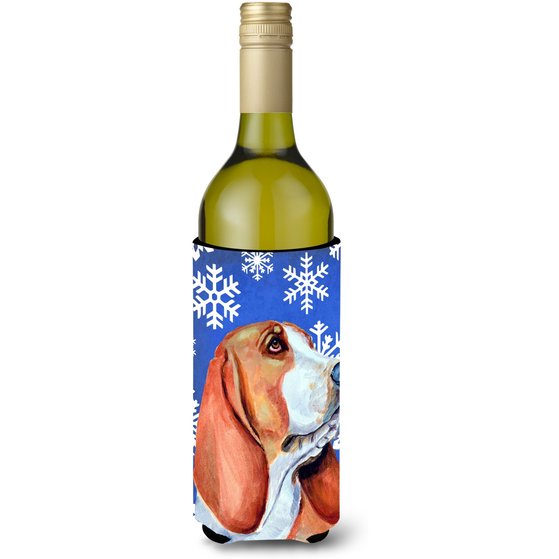 Basset Hound Winter Snowflakes Holiday Wine Bottle Beverage Insulator Beverage Insulator Hugger LH9287LITERK