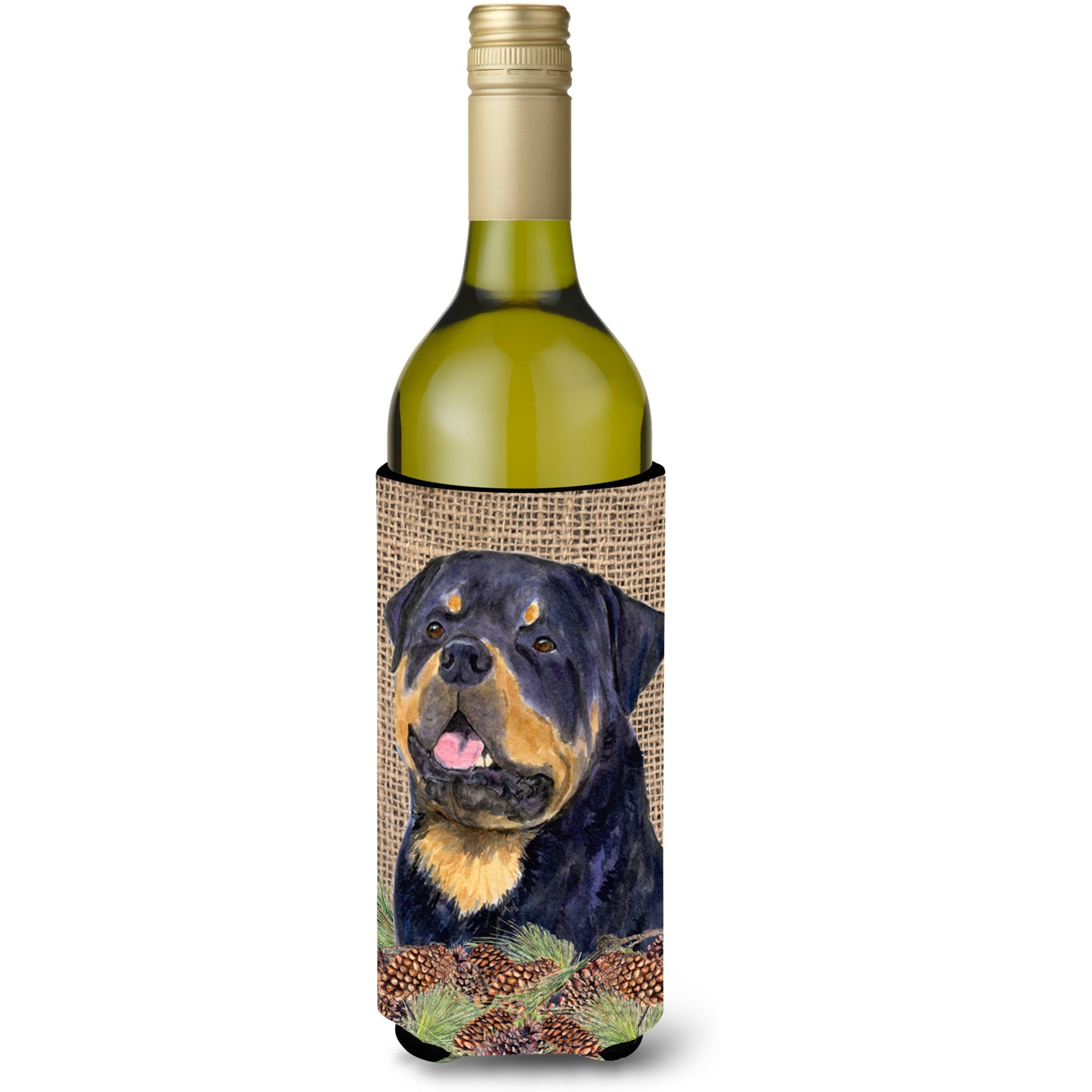 Rottweiler on Faux Burlap with Pine Cones Wine Bottle Beverage Insulator Beverage Insulator Hugger