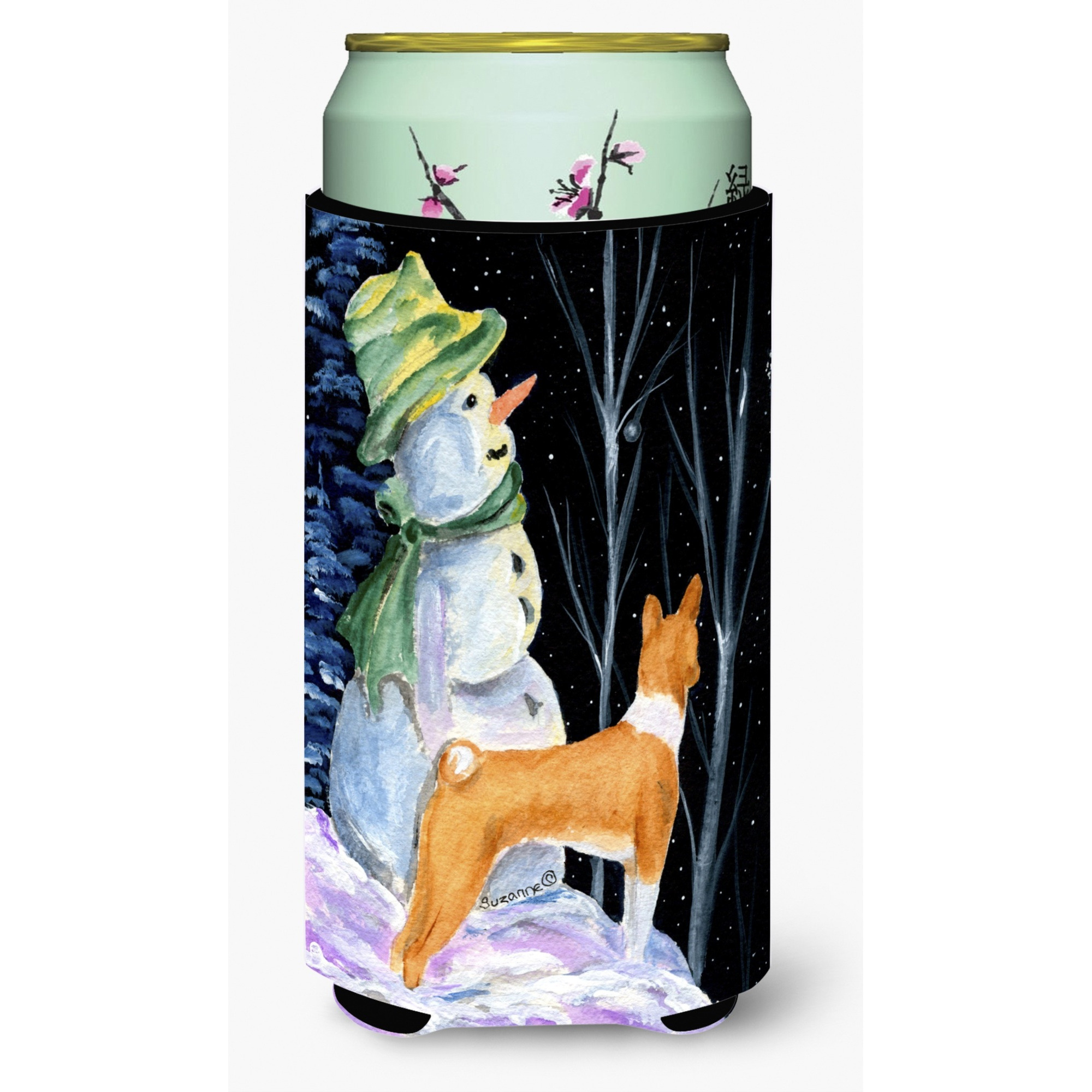Snowman with Basenji  Tall Boy Beverage Insulator Beverage Insulator Hugger