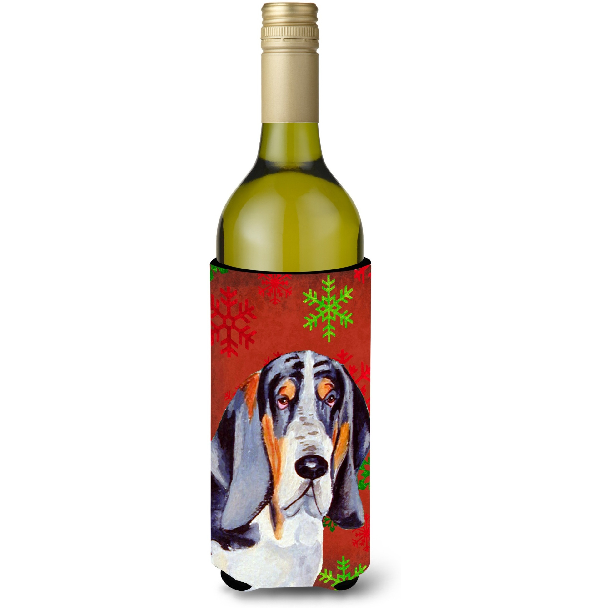 Basset Hound Snowflakes Holiday Christmas Wine Bottle Beverage Insulator Beverage Insulator Hugger