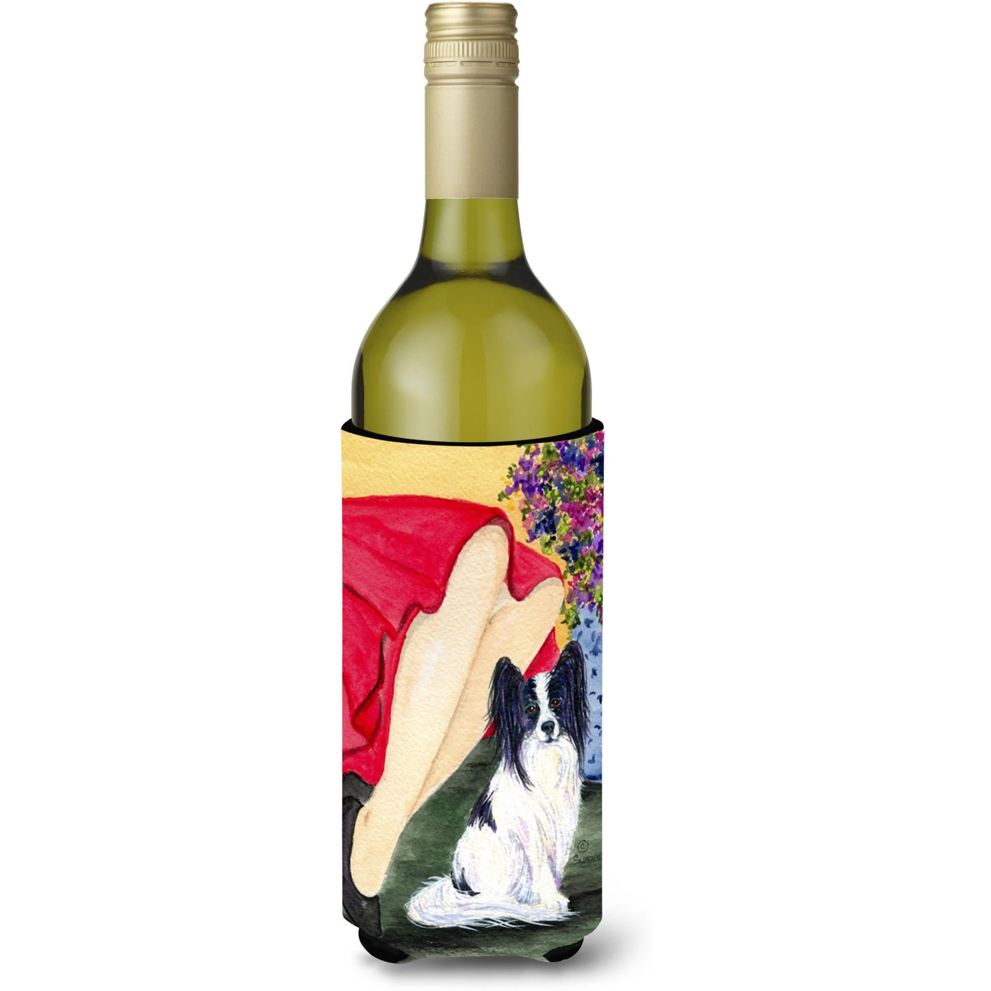 Lady with her Papillon Wine Bottle Beverage Insulator Beverage Insulator Hugger SS8523LITERK