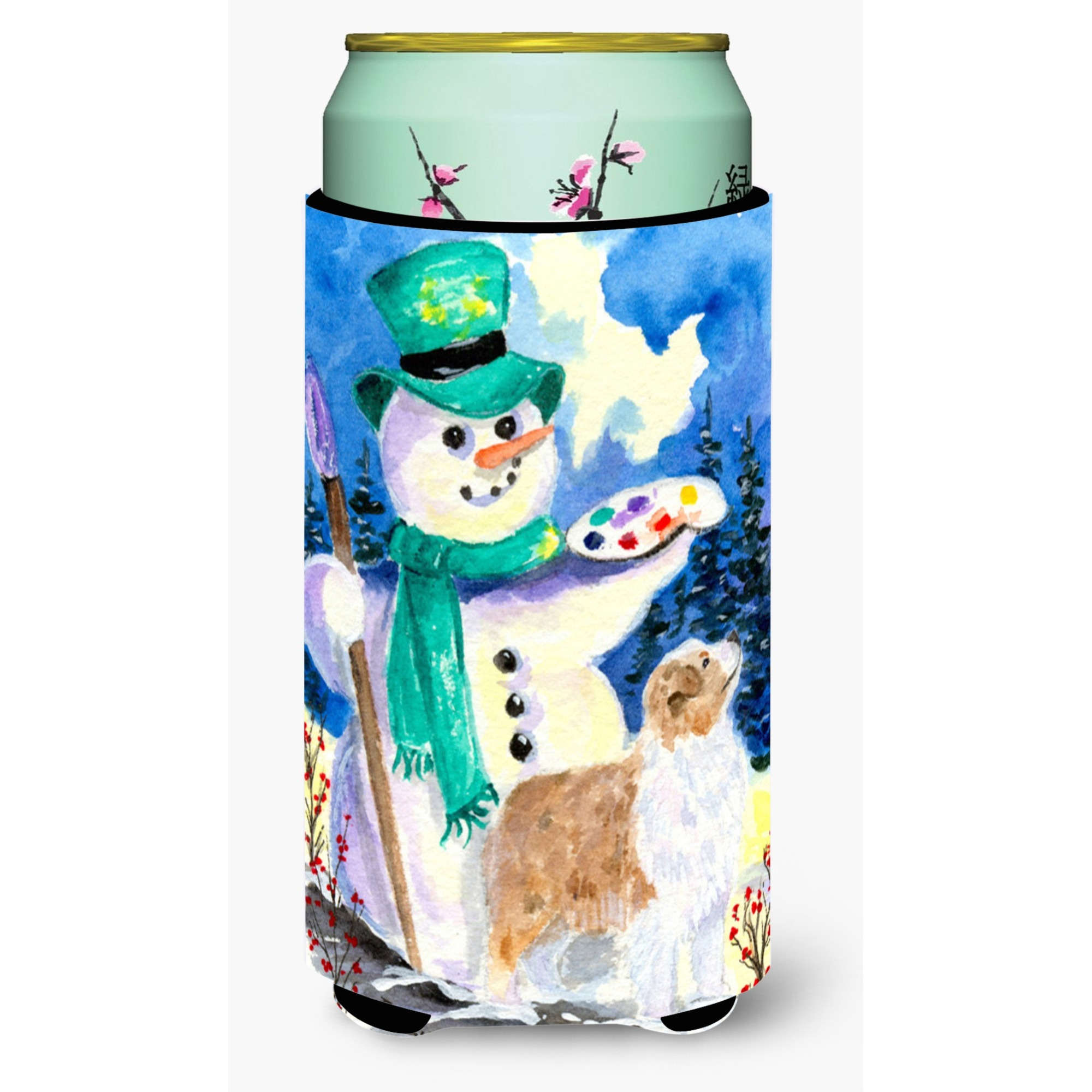 Snowman with Australian Shepherd  Tall Boy Beverage Insulator Beverage Insulator Hugger