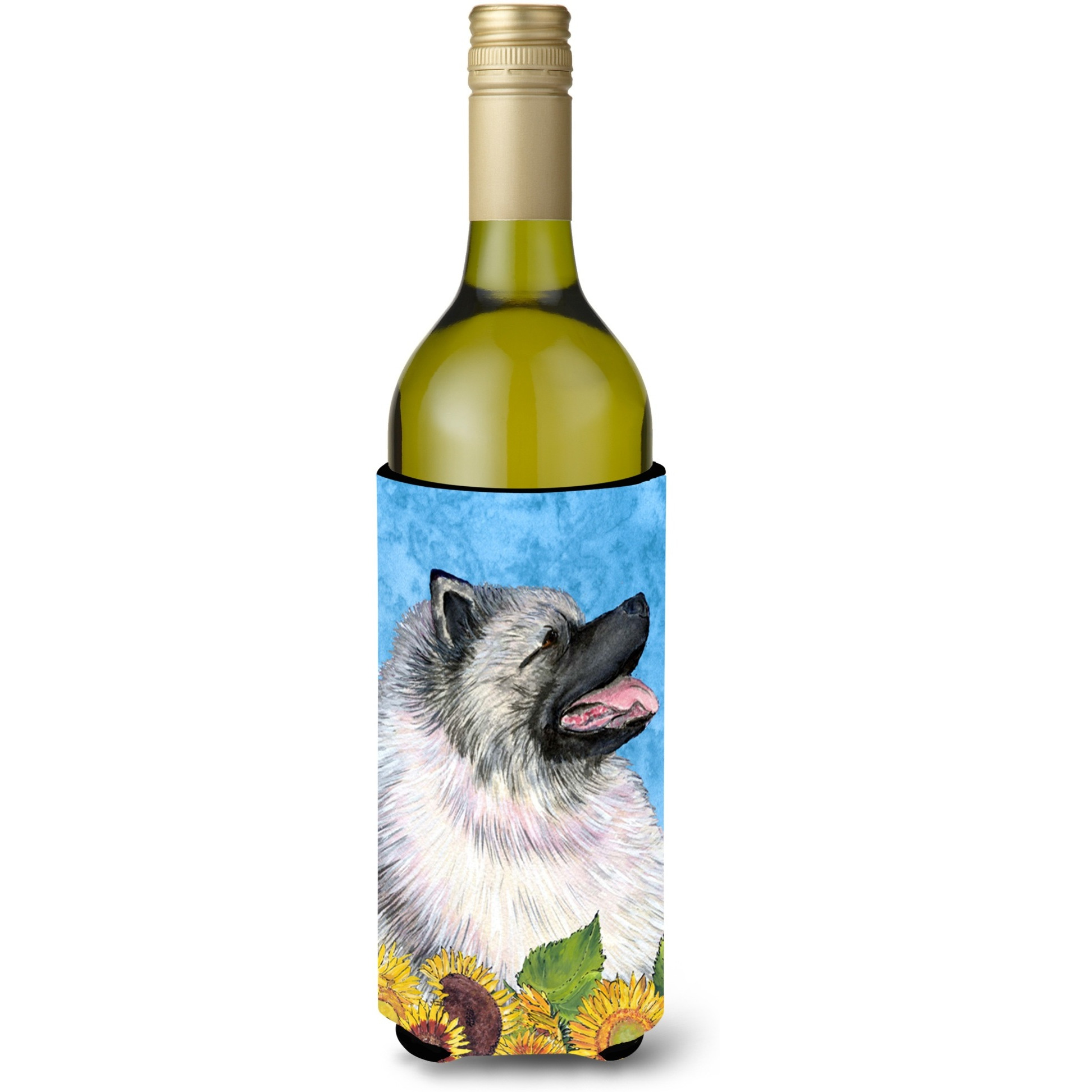 Keeshond in Summer Flowers Wine Bottle Beverage Insulator Beverage Insulator Hugger