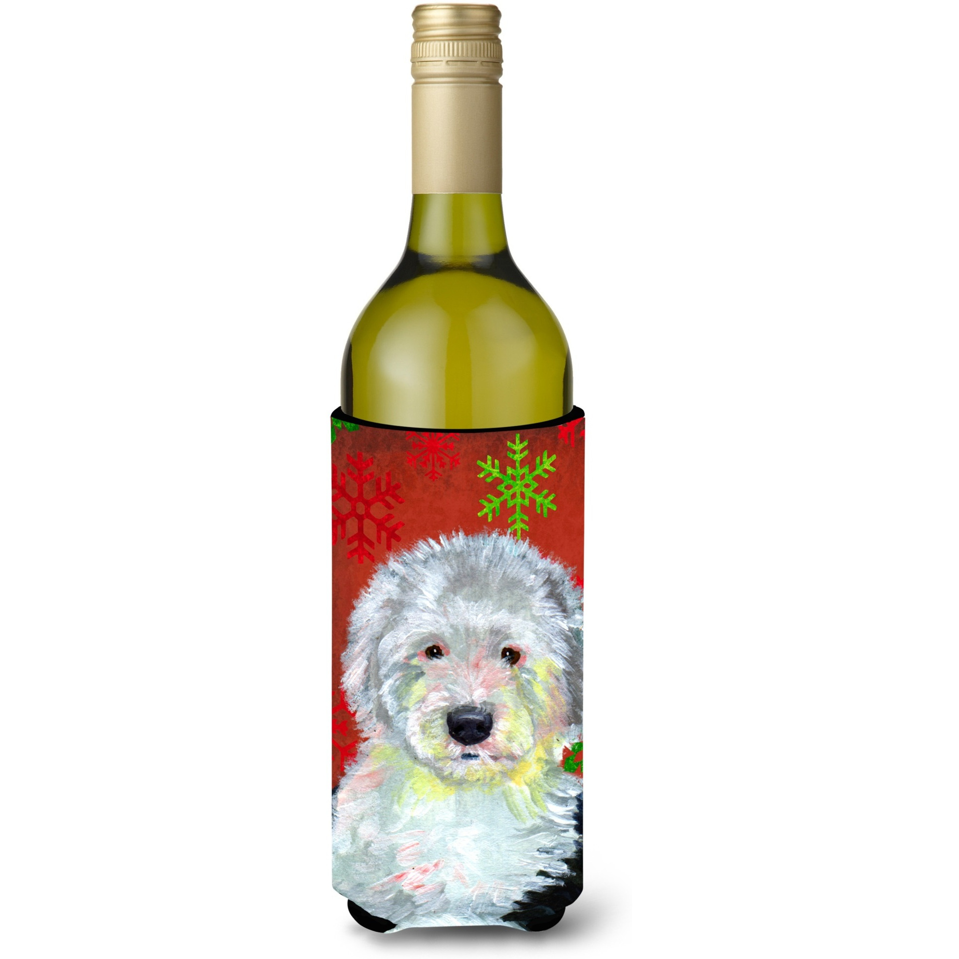 Old English Sheepdog Snowflakes Holiday Christmas Wine Bottle Beverage Insulator Beverage Insulator Hugger
