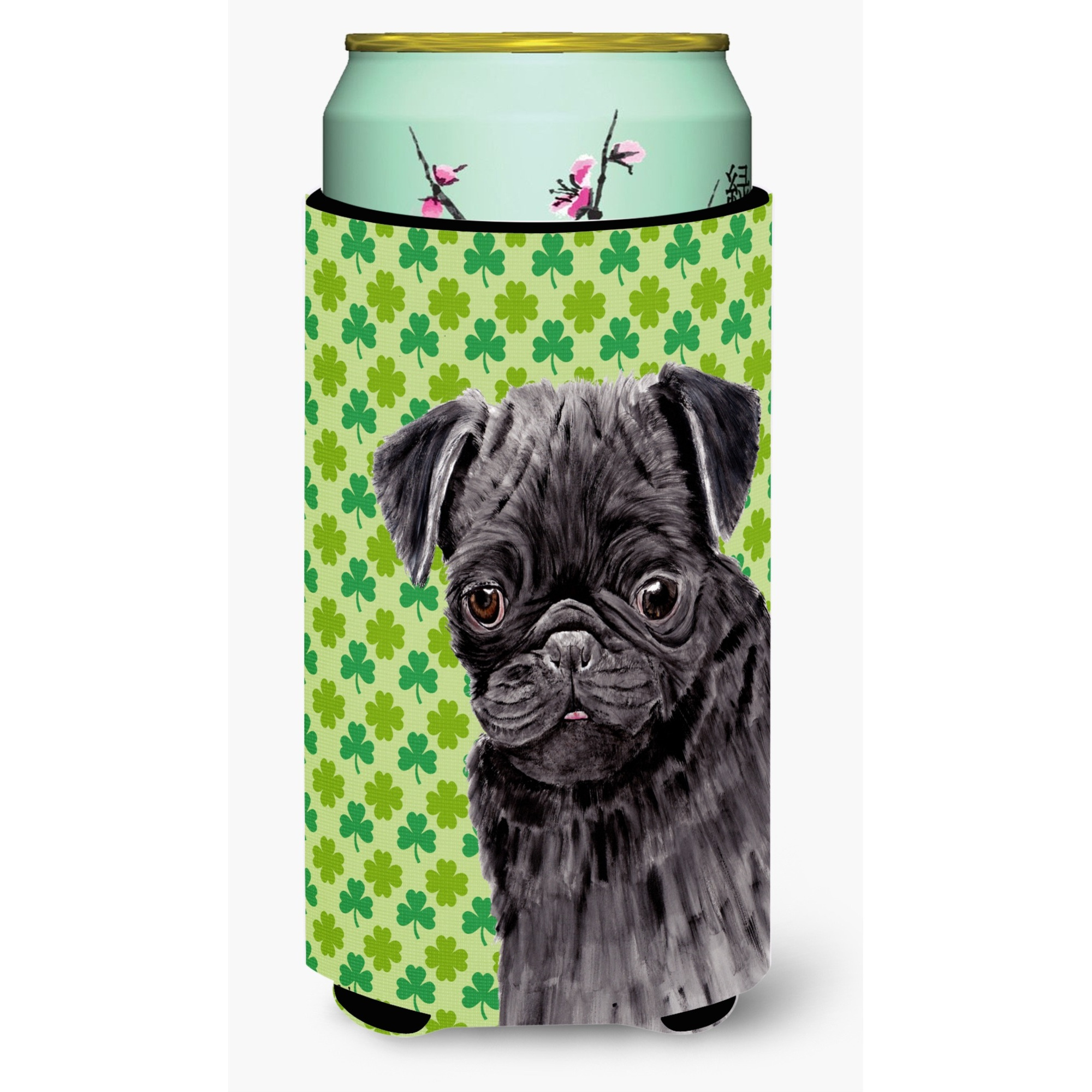 Pug Black St. Patrick's Day Shamrock Portrait  Tall Boy Beverage Insulator Beverage Insulator Hugger