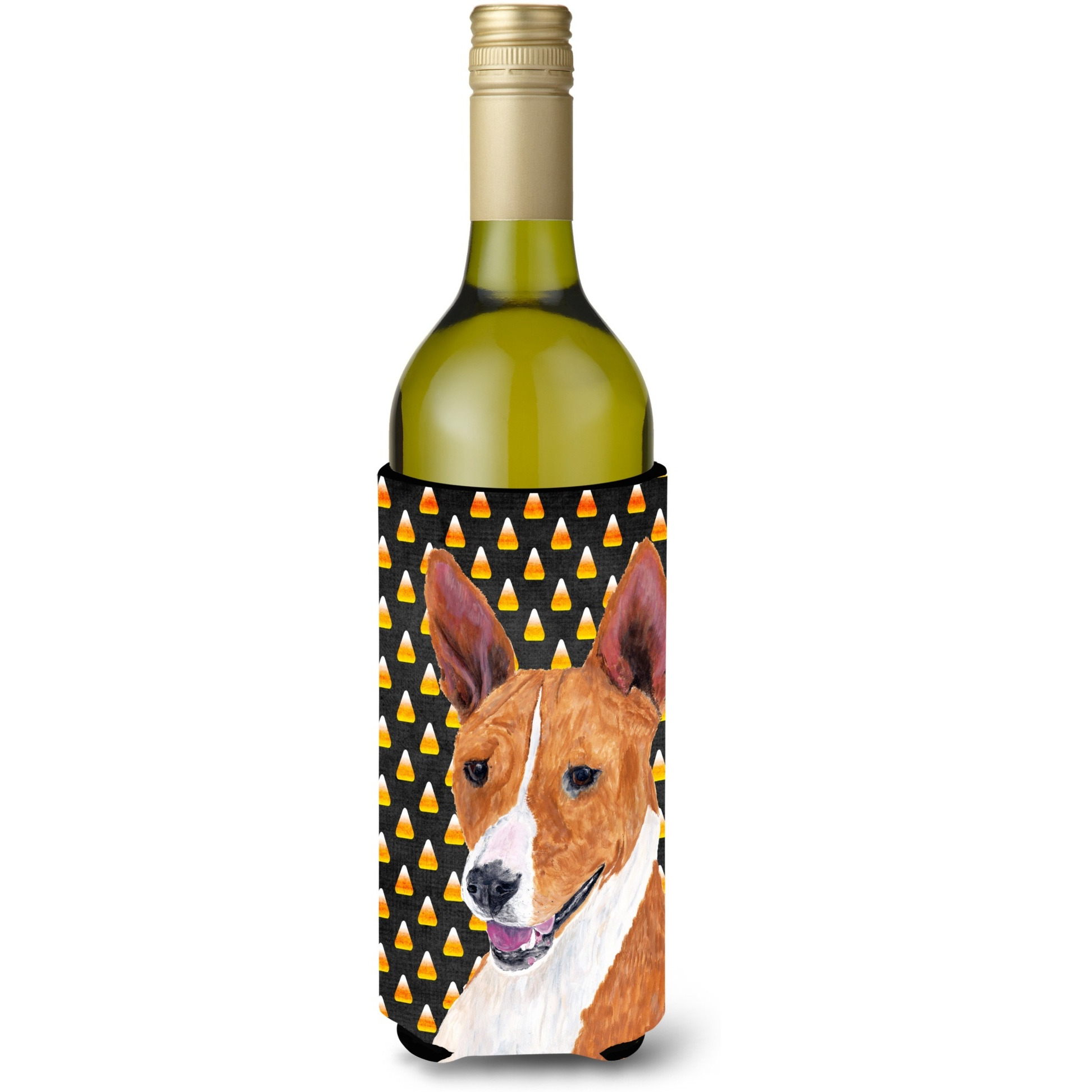 Basenji Candy Corn Halloween Portrait Wine Bottle Beverage Insulator Beverage Insulator Hugger