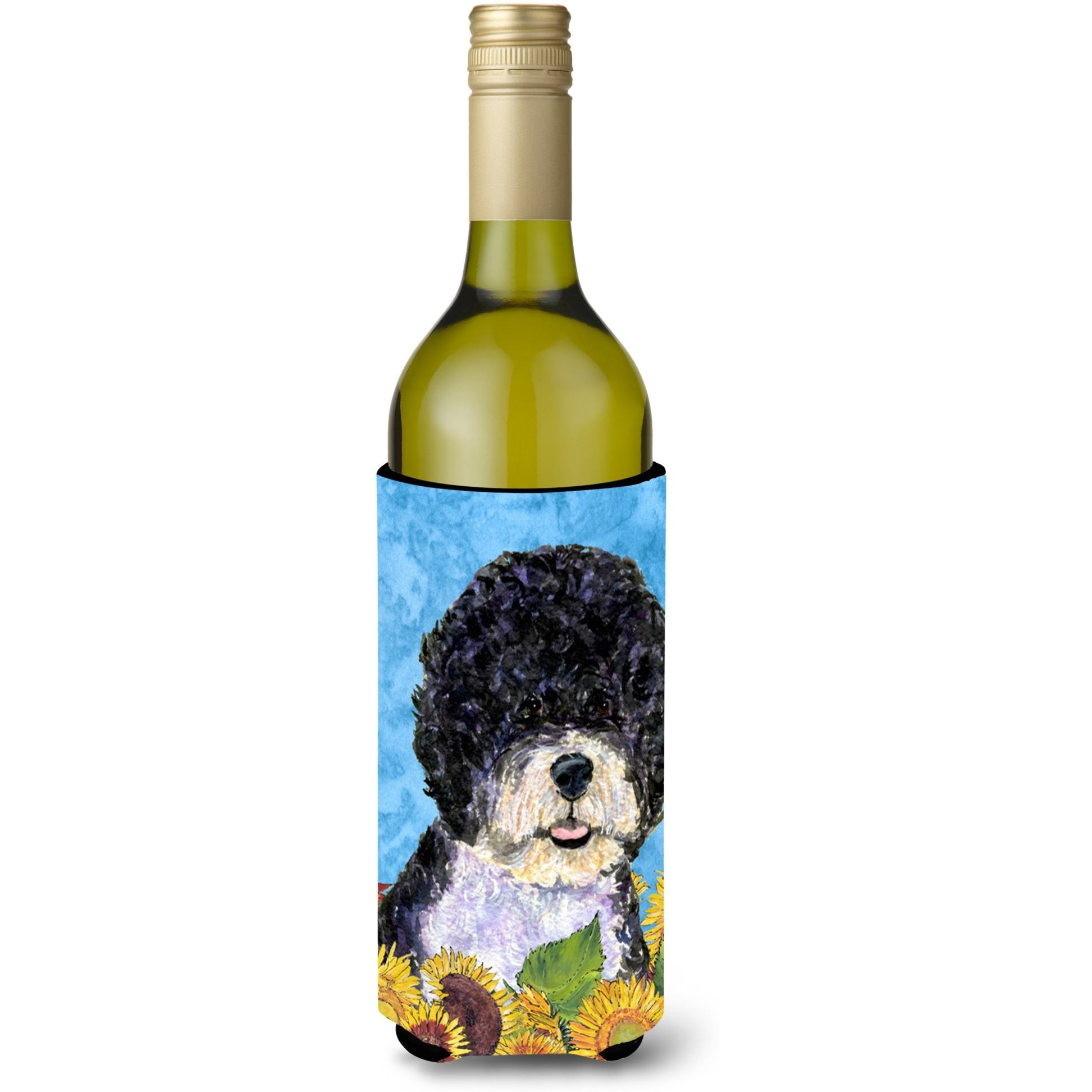 Portuguese Water Dog in Summer Flowers Wine Bottle Beverage Insulator Beverage Insulator Hugger