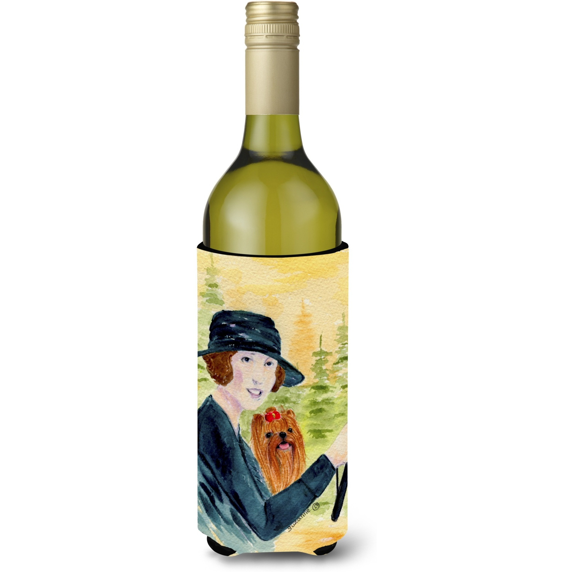Lady driving with her Yorkie Wine Bottle Beverage Insulator Beverage Insulator Hugger