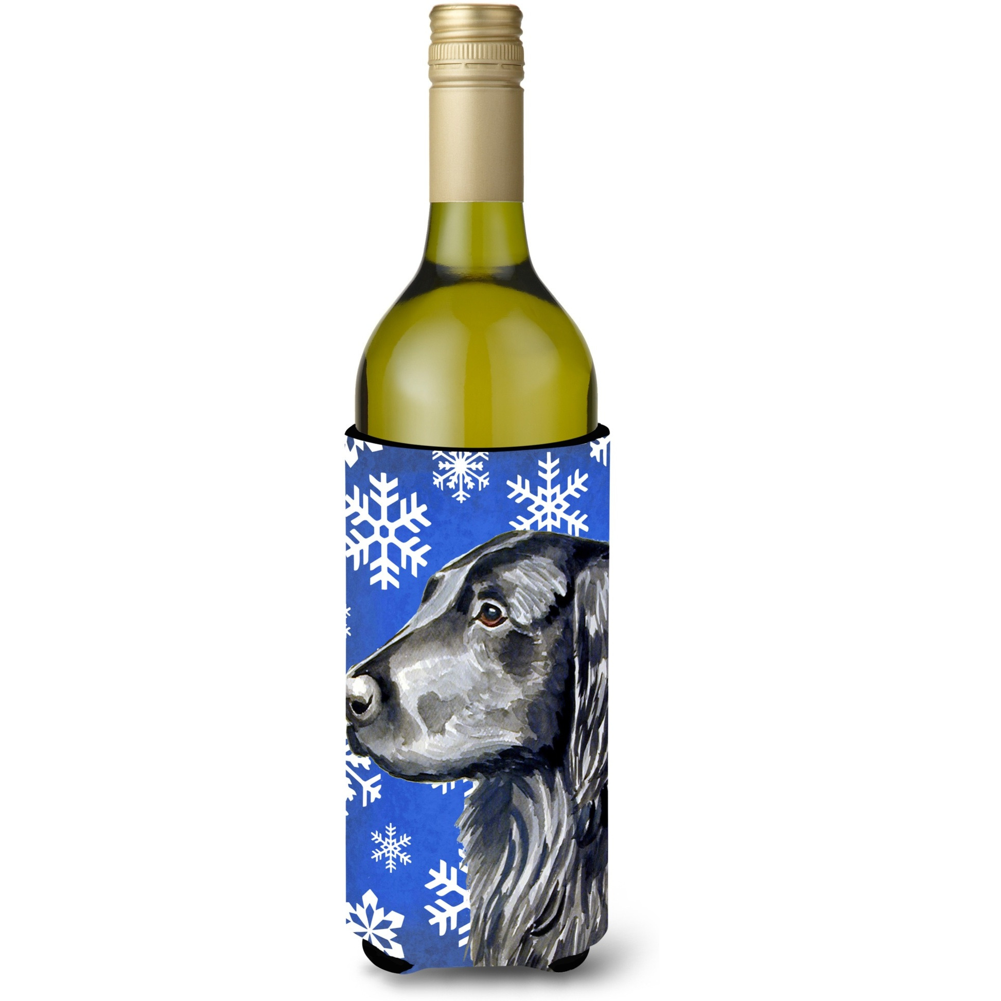 Flat Coated Retriever Winter Snowflakes Holiday Wine Bottle Beverage Insulator Beverage Insulator Hugger