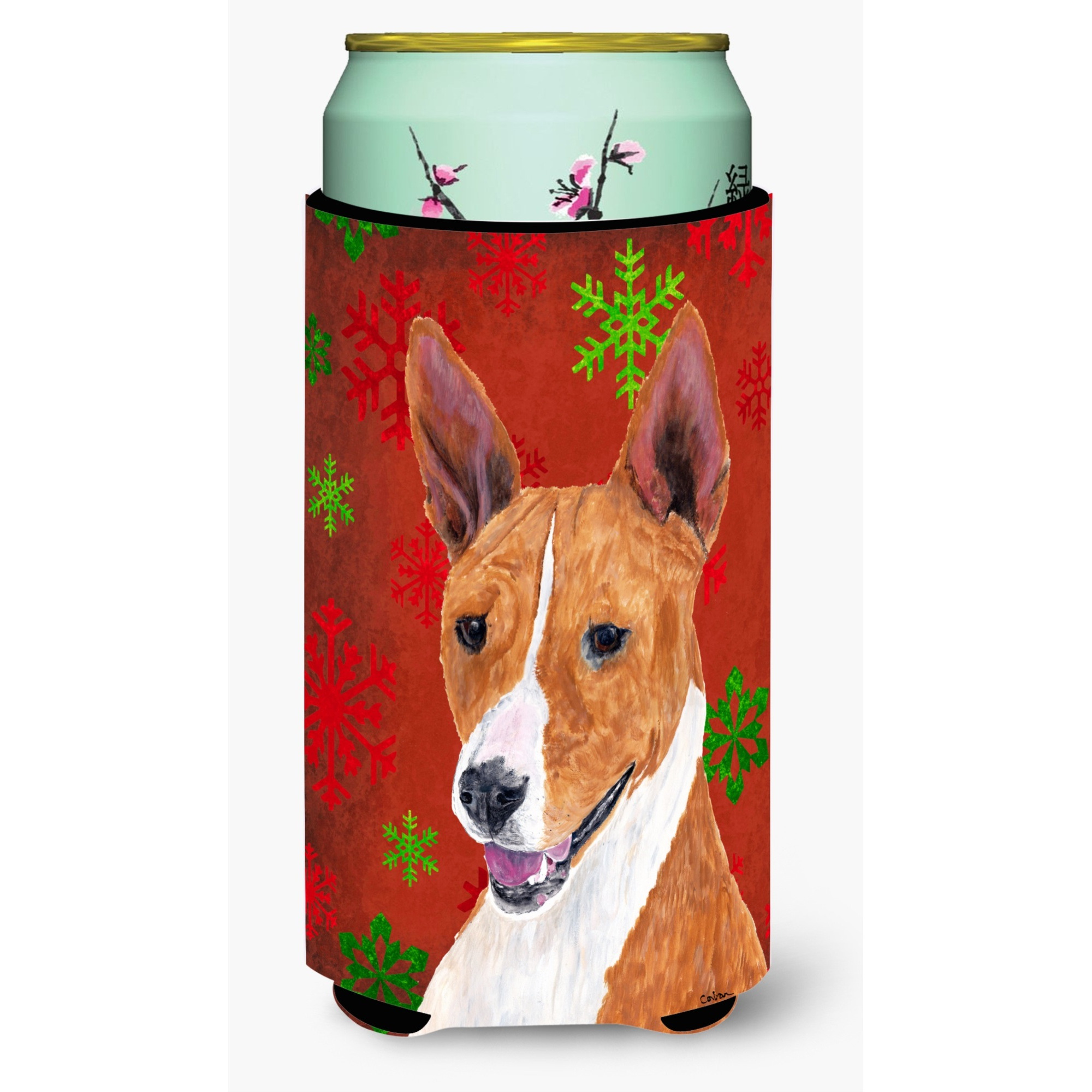 Basenji Red and Green Snowflakes Holiday Christmas  Tall Boy Beverage Insulator Beverage Insulator Hugger