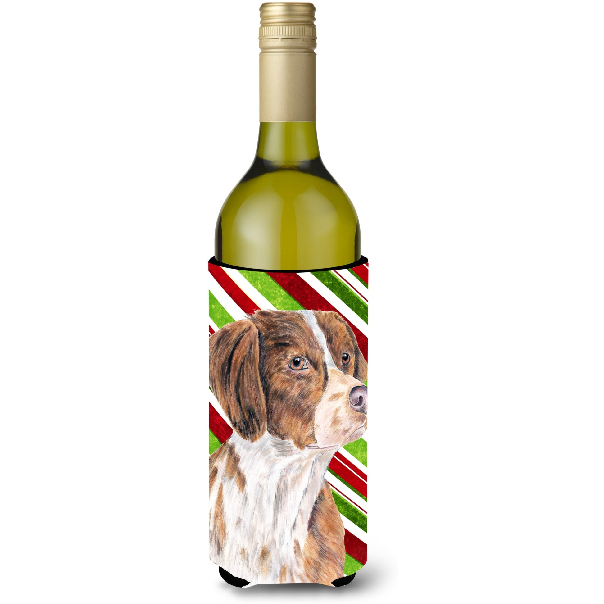 &quotCaroline's Treasures SC9349LITERK Brittany Candy Cane Holiday Christmas Wine Bottle Koozie Hugger, 750 mL, Multicolor"