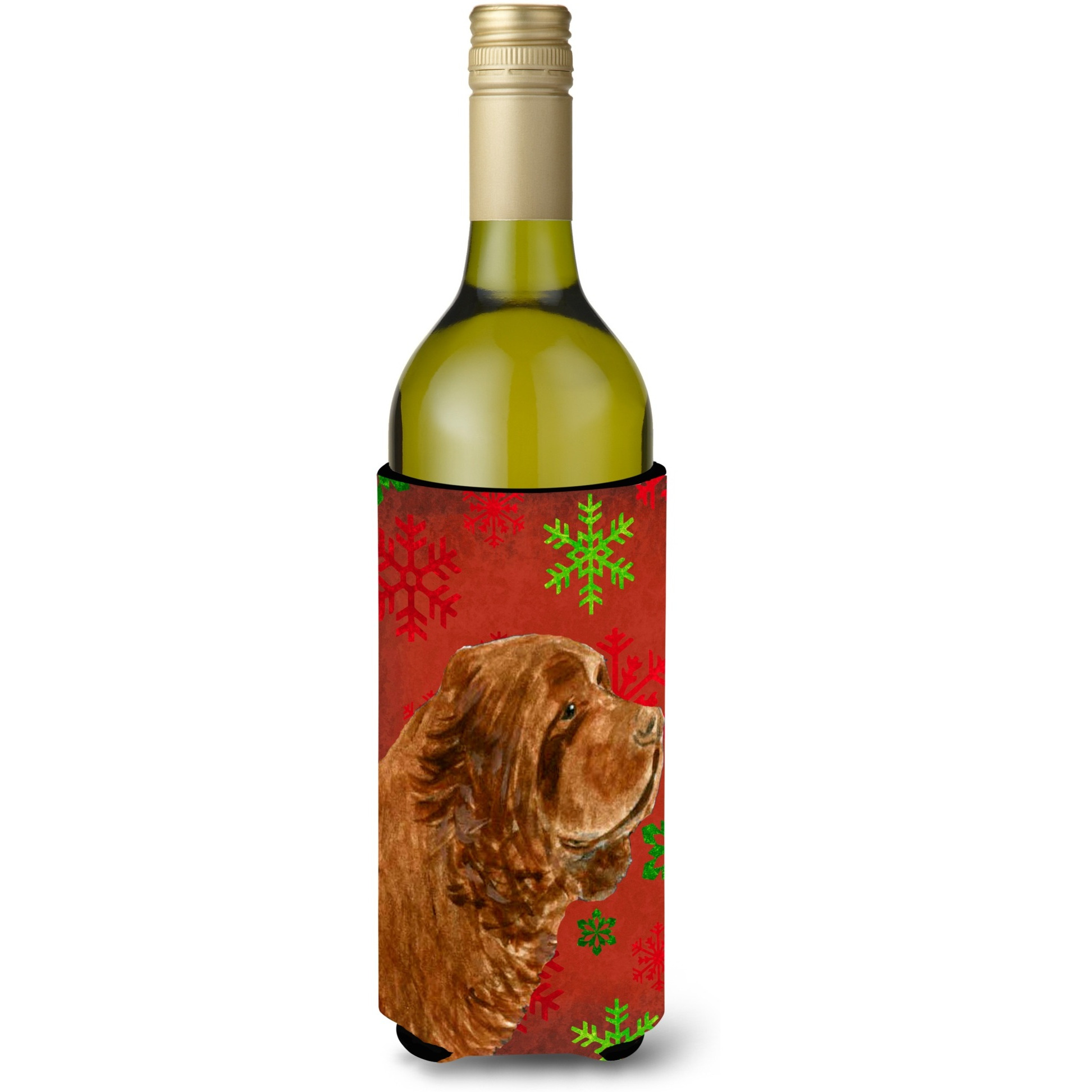 Sussex Spaniel Red Green Snowflake Holiday Christmas Wine Bottle Beverage Insulator Beverage Insulator Hugger