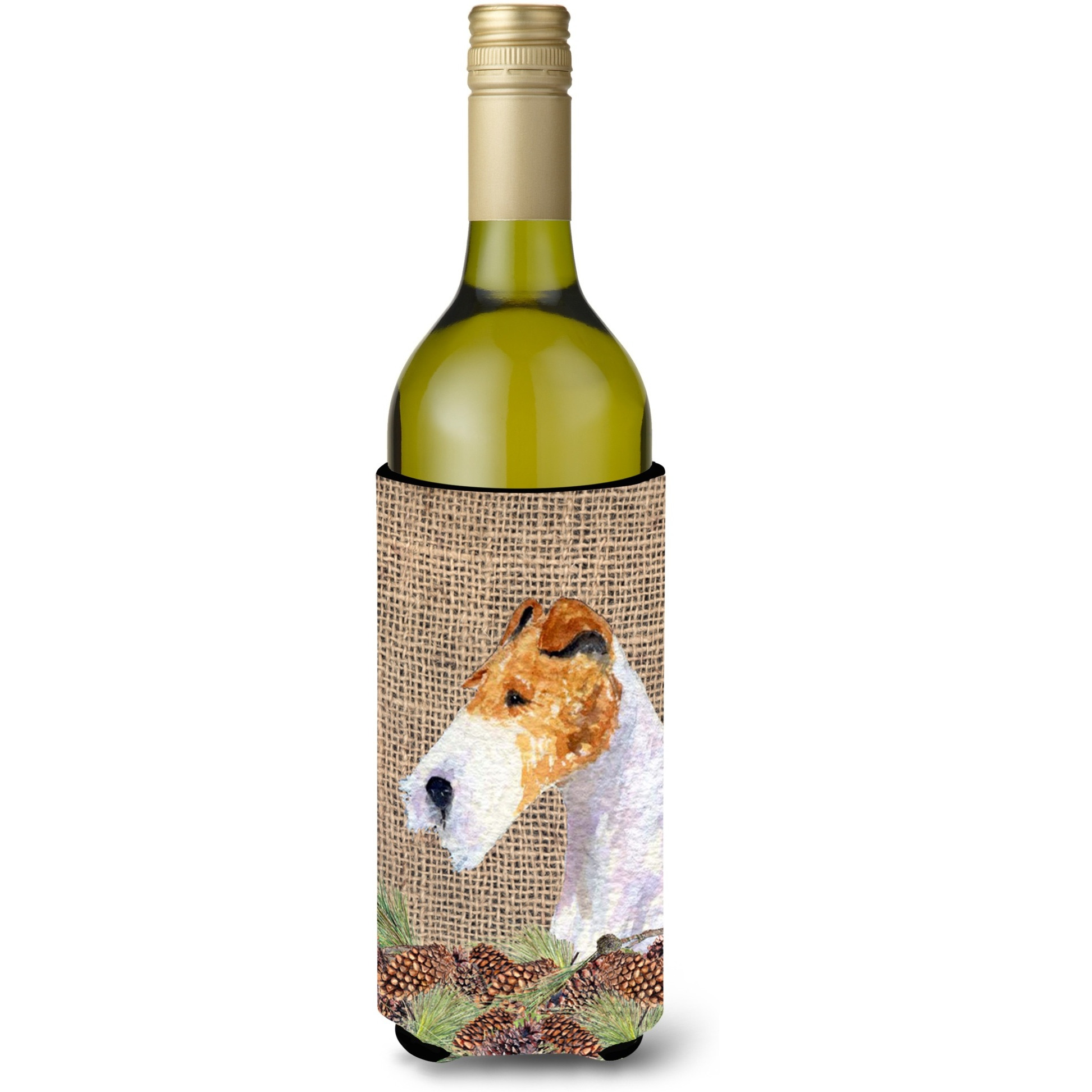 Fox Terrier on Faux Burlap with Pine Cones Wine Bottle Beverage Insulator Beverage Insulator Hugger