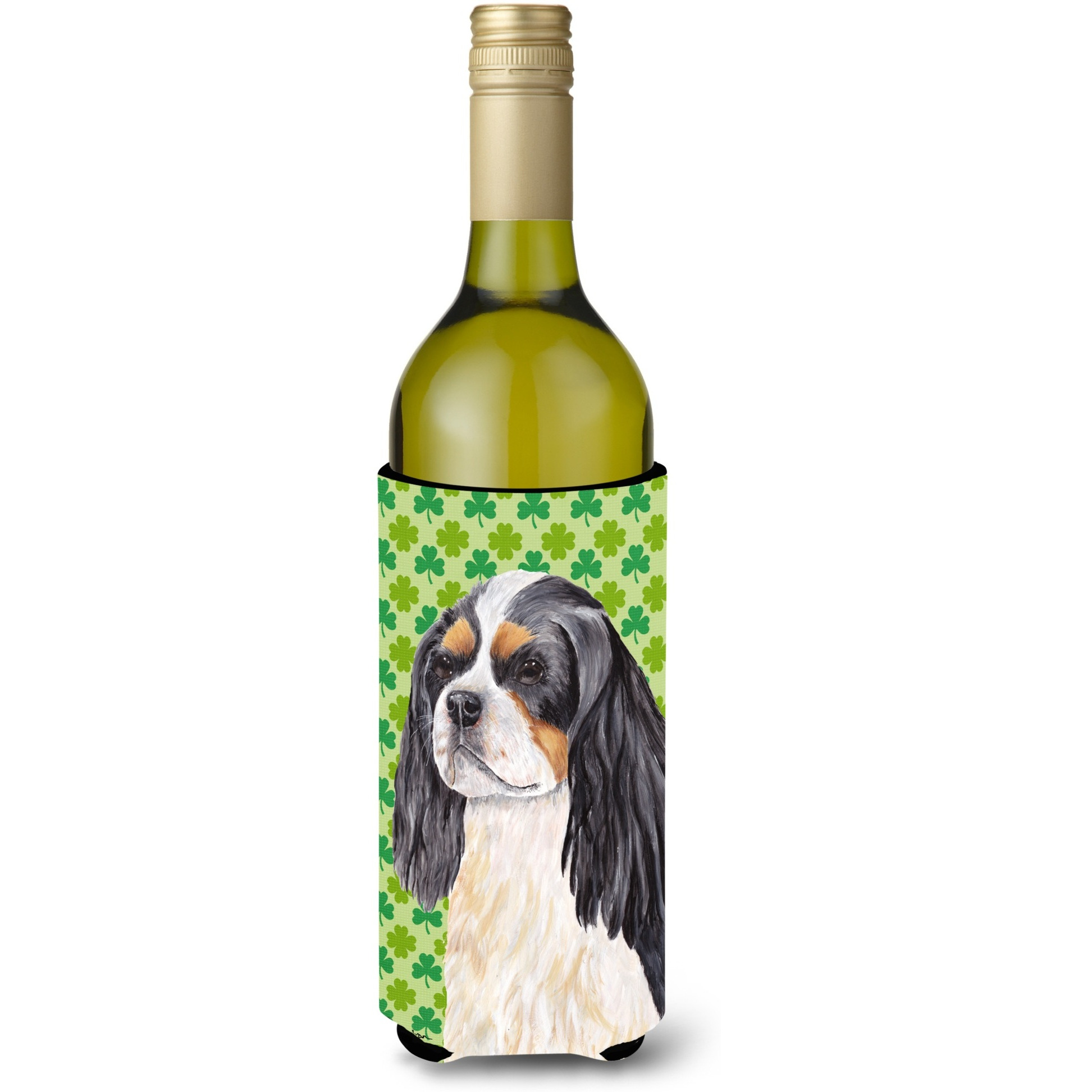Cavalier Spaniel St. Patrick's Day Shamrock Portrait Wine Bottle Beverage Insulator Beverage Insulator Hugger
