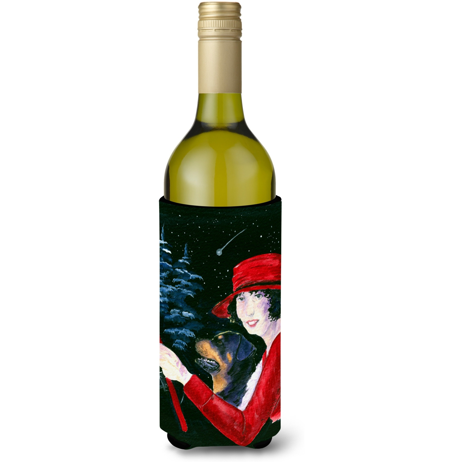 Lady driving with her Rottweiler Wine Bottle Beverage Insulator Beverage Insulator Hugger