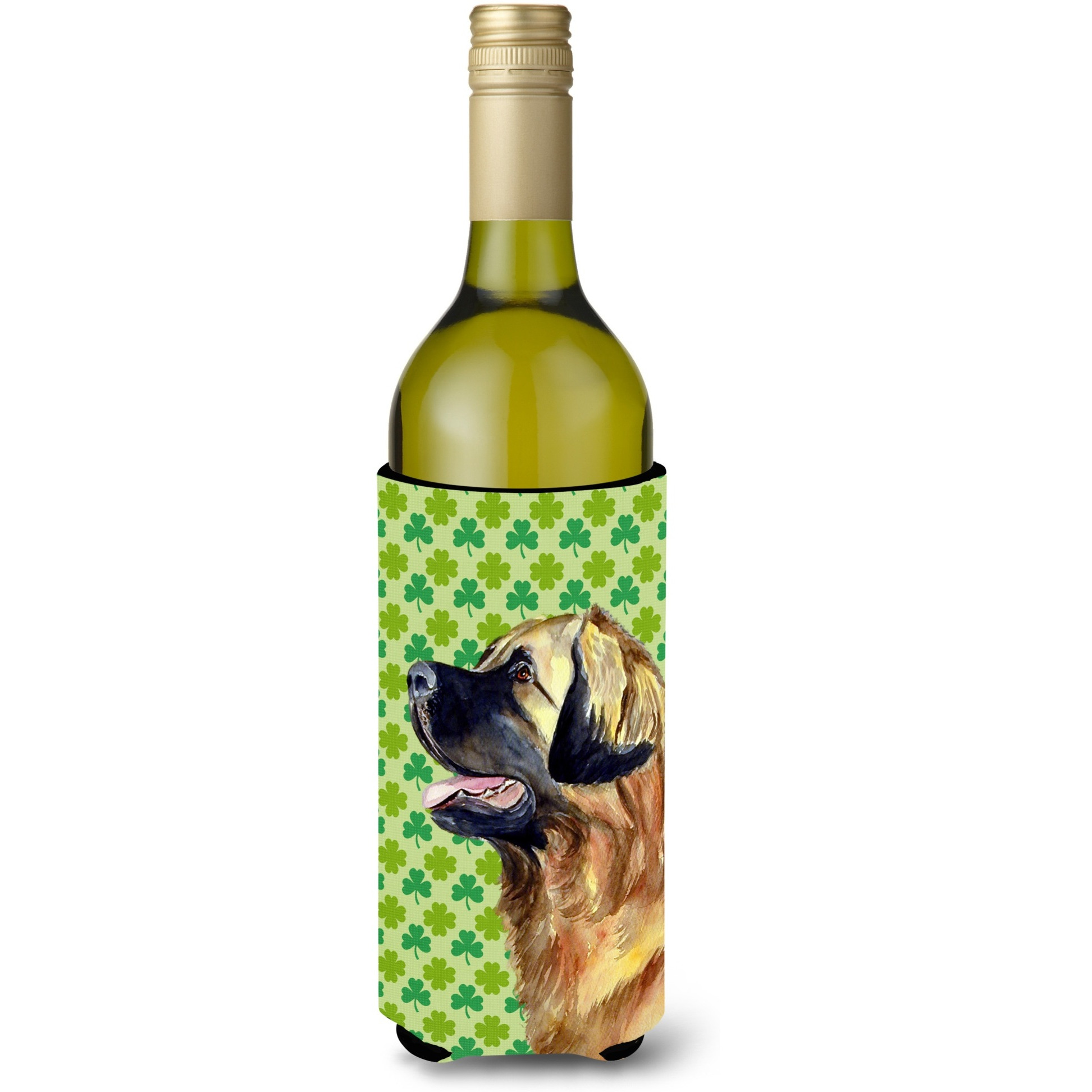 Leonberger St. Patrick's Day Shamrock Portrait Wine Bottle Beverage Insulator Beverage Insulator Hugger