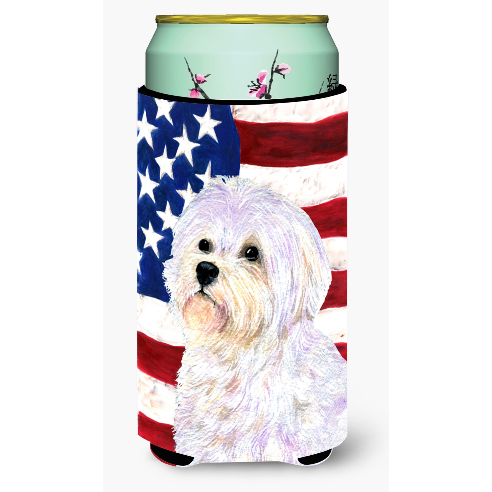 USA American Flag with Maltese  Tall Boy Beverage Insulator Beverage Insulator Hugger