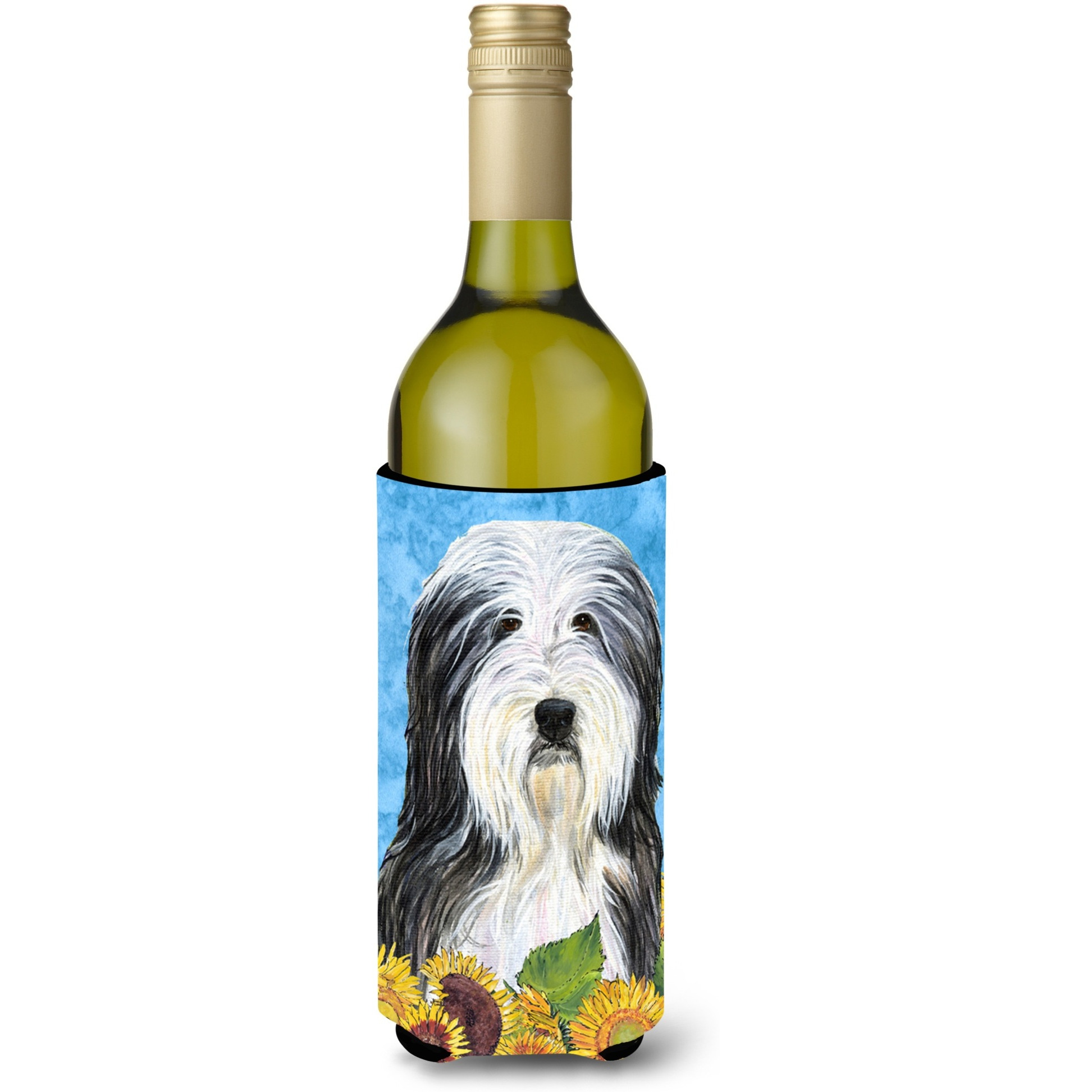 Bearded Collie in Summer Flowers Wine Bottle Beverage Insulator Beverage Insulator Hugger