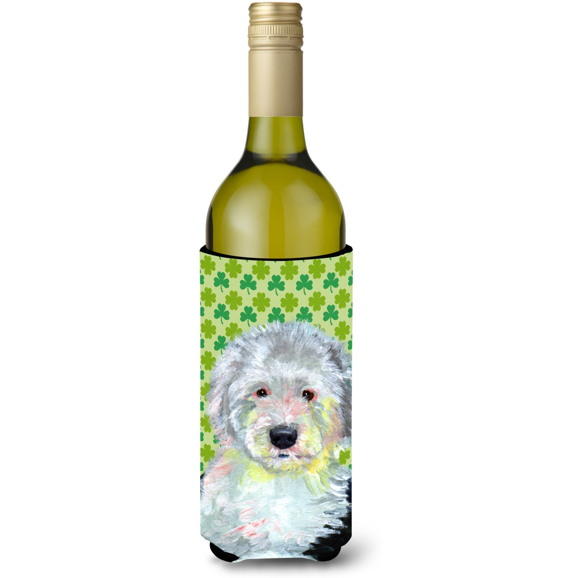Old English Sheepdog St. Patrick's Day Shamrock  Wine Bottle Beverage Insulator Beverage Insulator Hugger