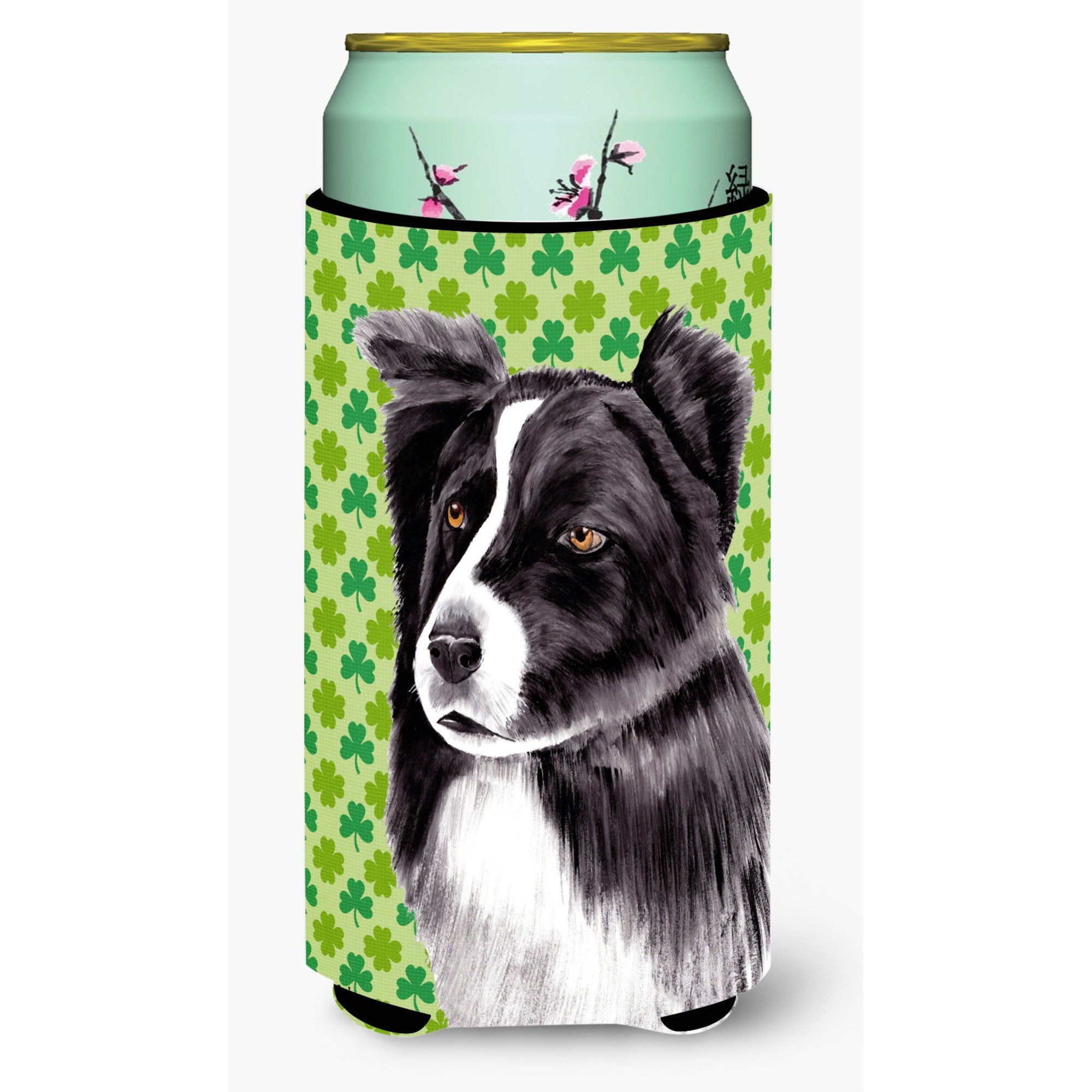 Border Collie St. Patrick's Day Shamrock Portrait  Tall Boy Beverage Insulator Beverage Insulator Hugger