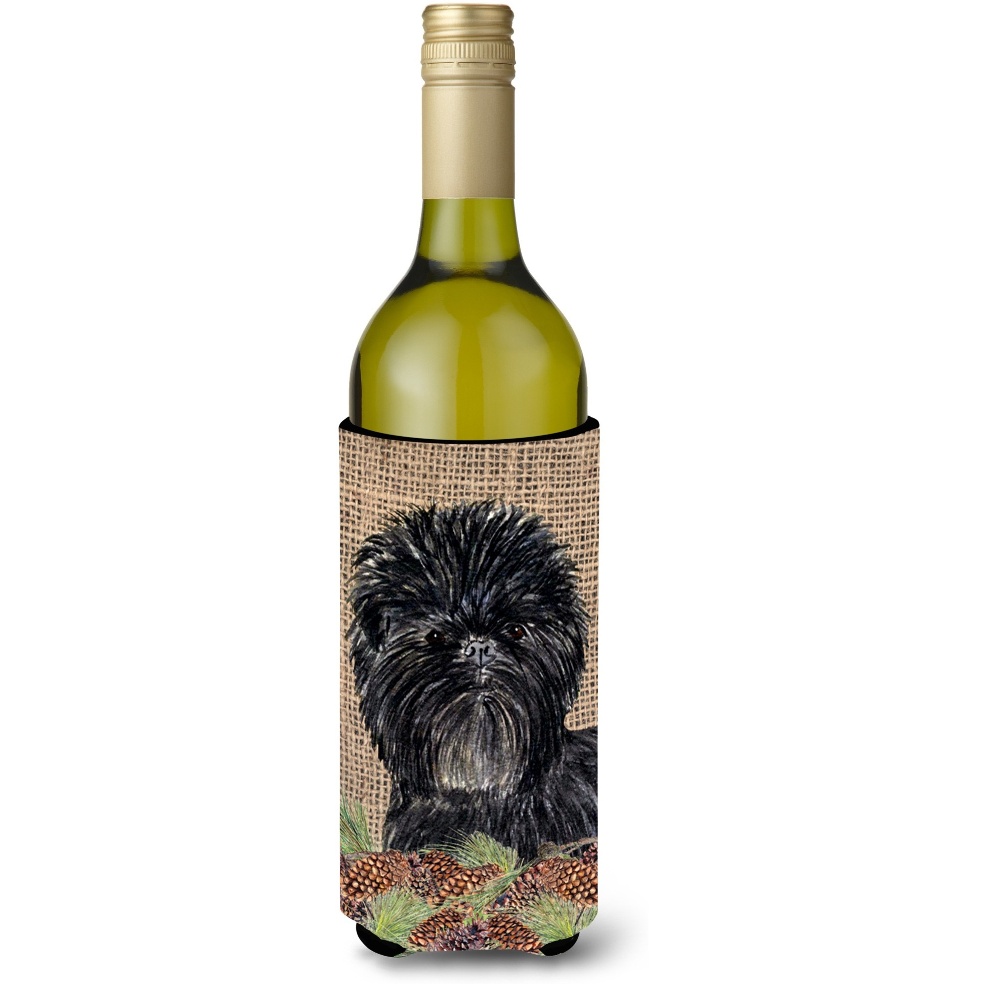 Affenpinscher on Faux Burlap with Pine Cones Wine Bottle Beverage Insulator Beverage Insulator Hugger